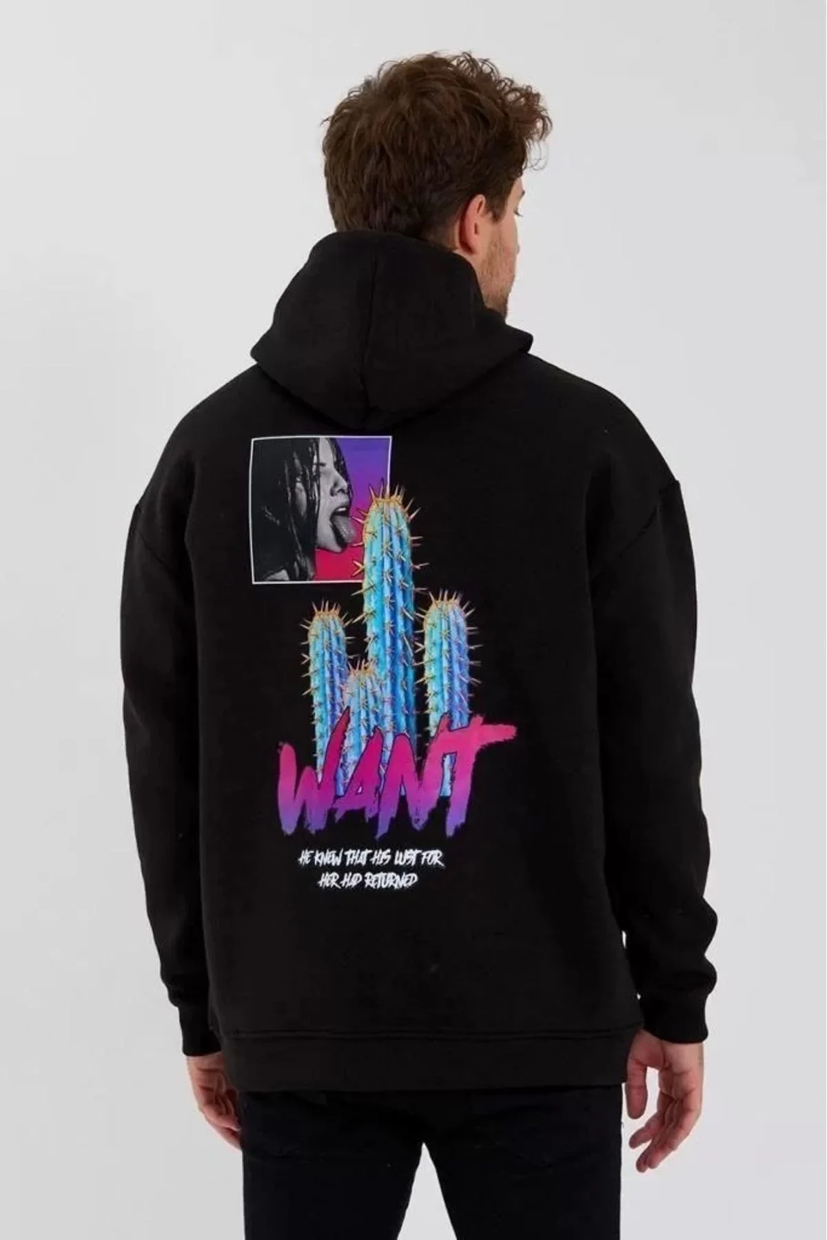 Silks  Erkek Baskılı Üç İplik Kapüşonlu Oversize Sweatshirt - Siy