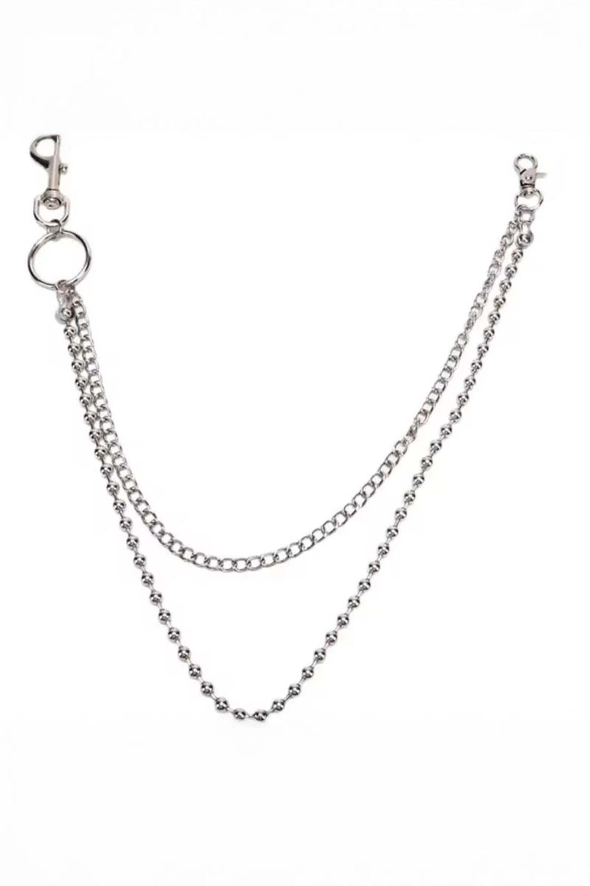 Silver 2 Zincirli Silver Boncuk Detaylı Gotik Pantolon Zinciri