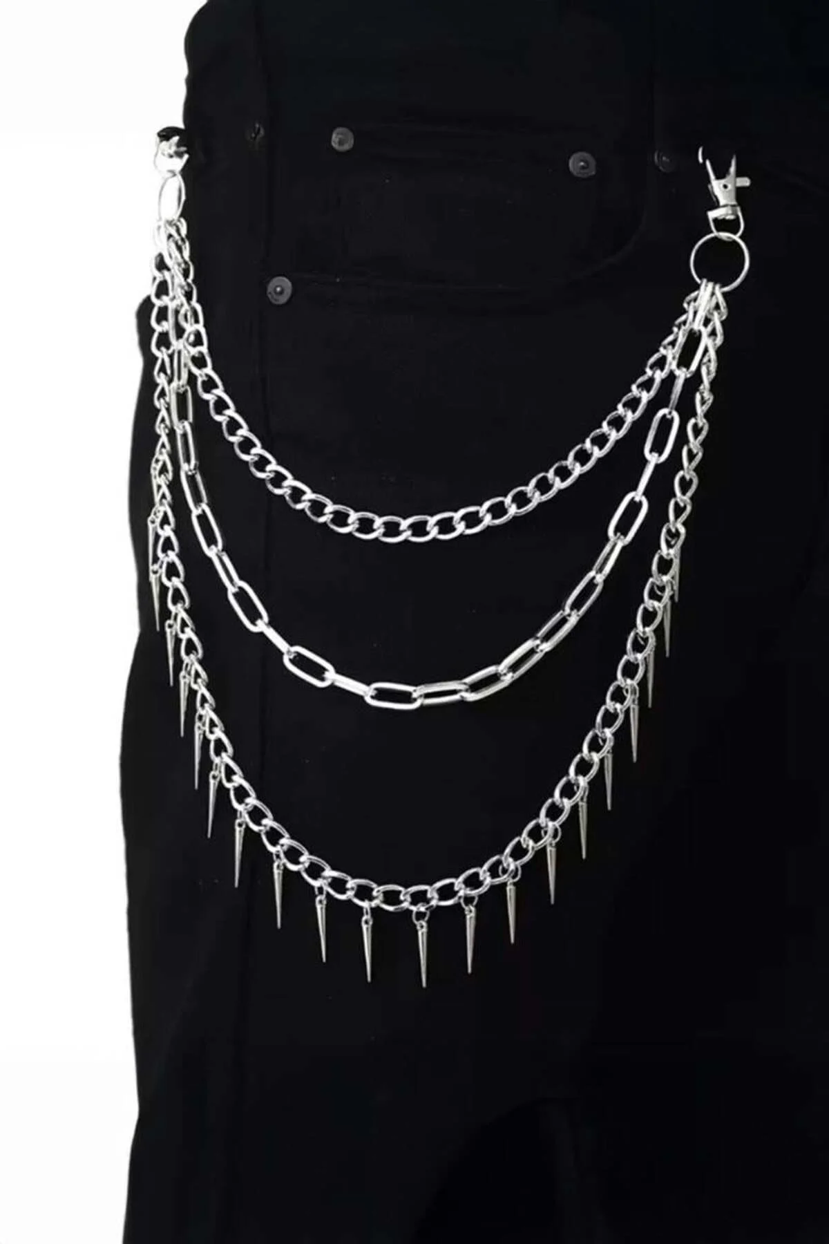 Silver 3 Zincir Dikenli Gotik Pantolon Zinciri