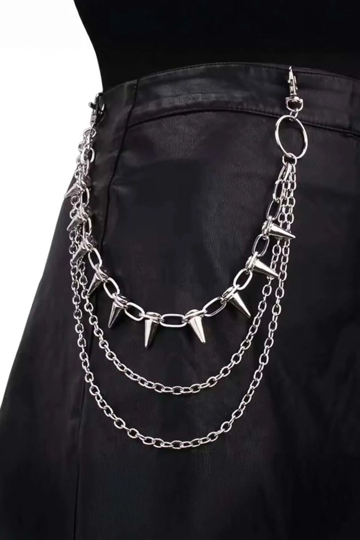 Silver 3 Zincirli Dikenli Punk Gotik Pantolon Zinciri