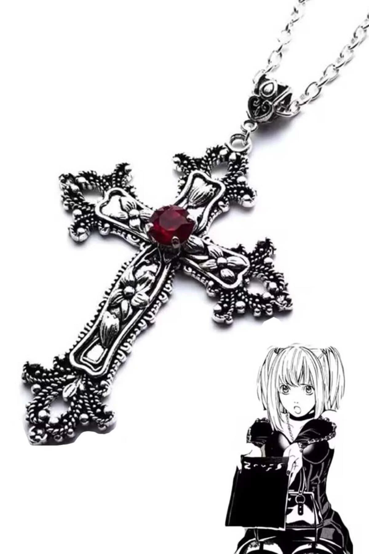Silver Anime Misa Haç Kırmızı Taş Detaylı Kolye