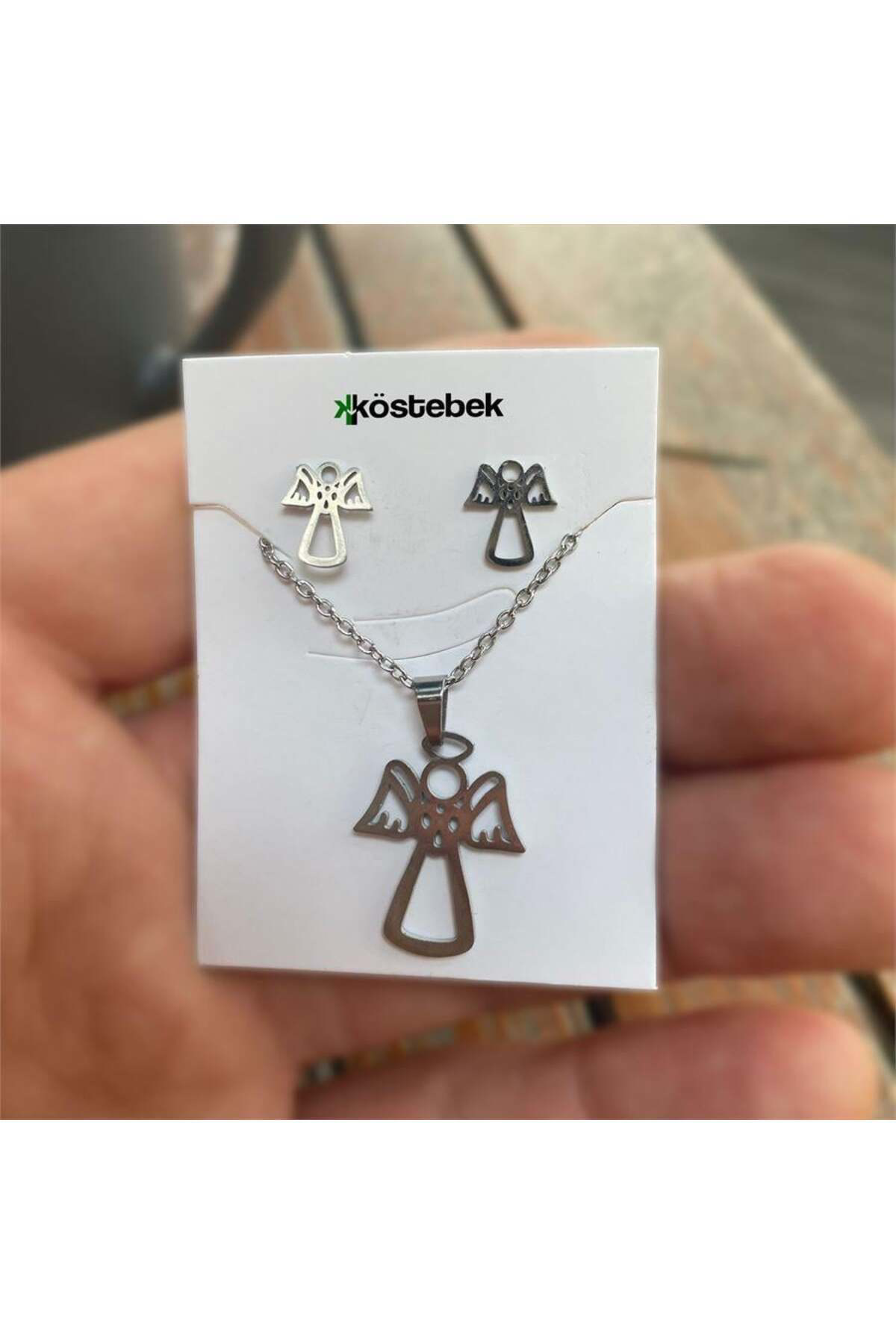 Silver Basic Angel Kolye Ve Küpe Seti