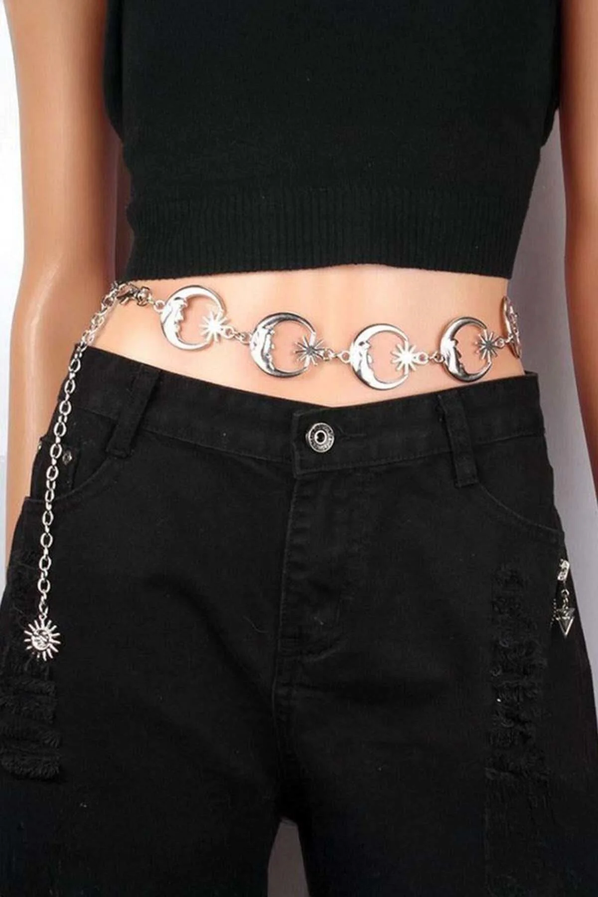Silver Gotik Ay ve Güneş Detaylı Zincir Bel Zinciri