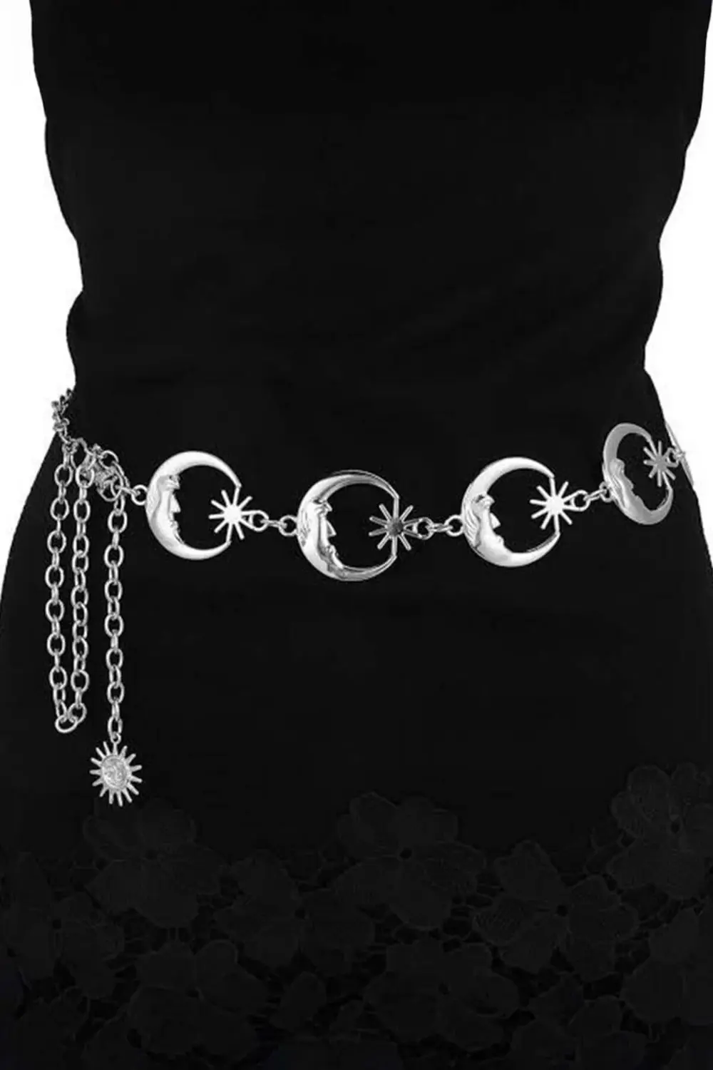 Silver Gotik Ay ve Güneş Detaylı Zincir Kemer