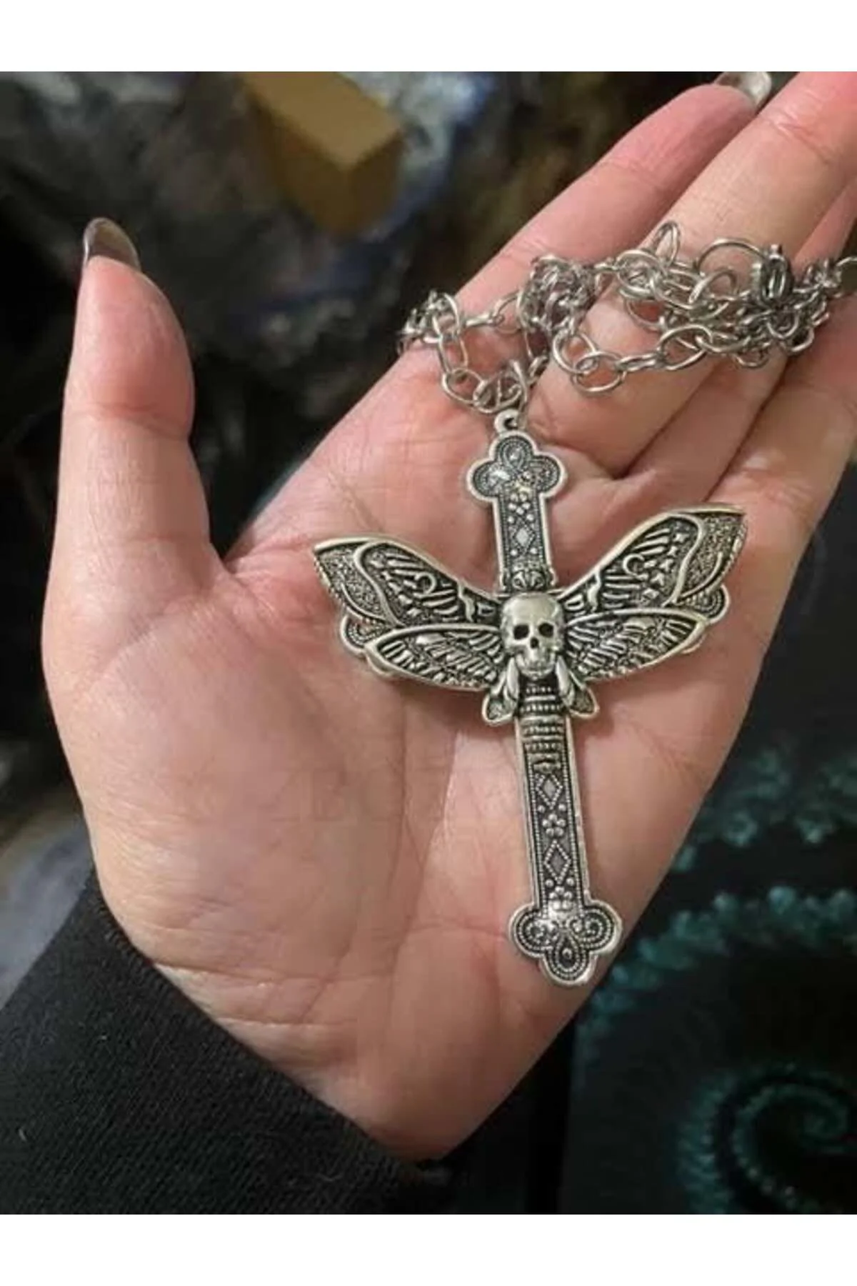 Silver Gotik Butterfly Skull Motifli Kolye