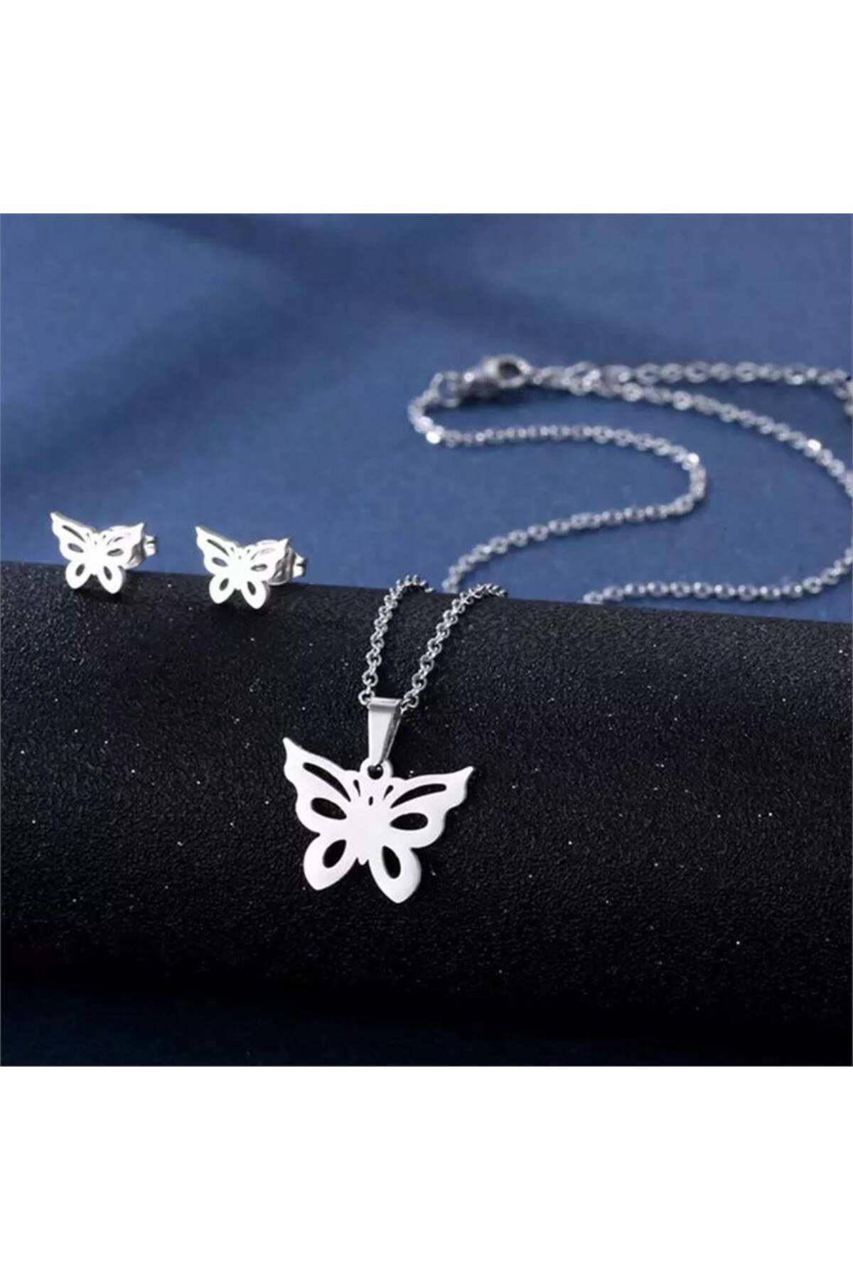 Silver Harajuku Butterfly Kolye Ve Küpe Seti