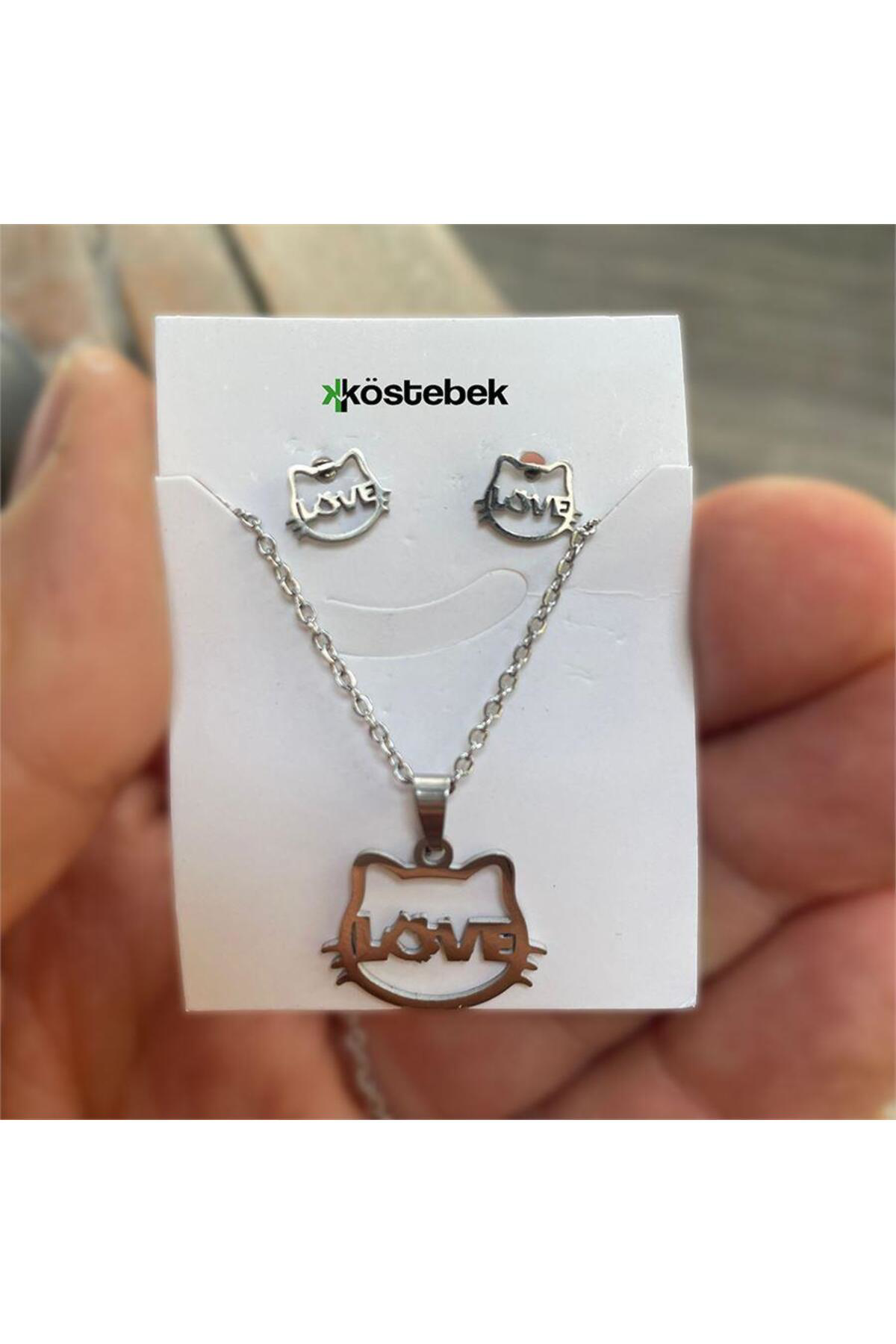 Silver Hello Kitty Face Love Kolye Ve Küpe Seti