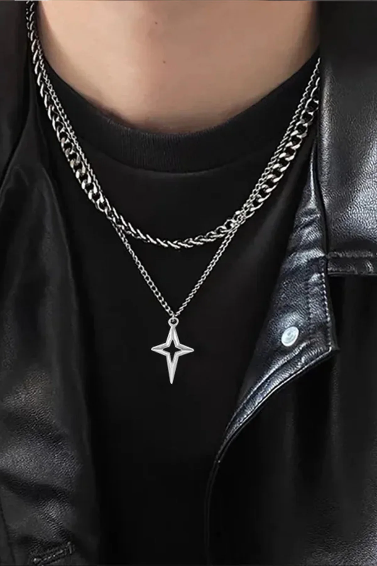 Silver İkili Zincir Yıldız Kolye
