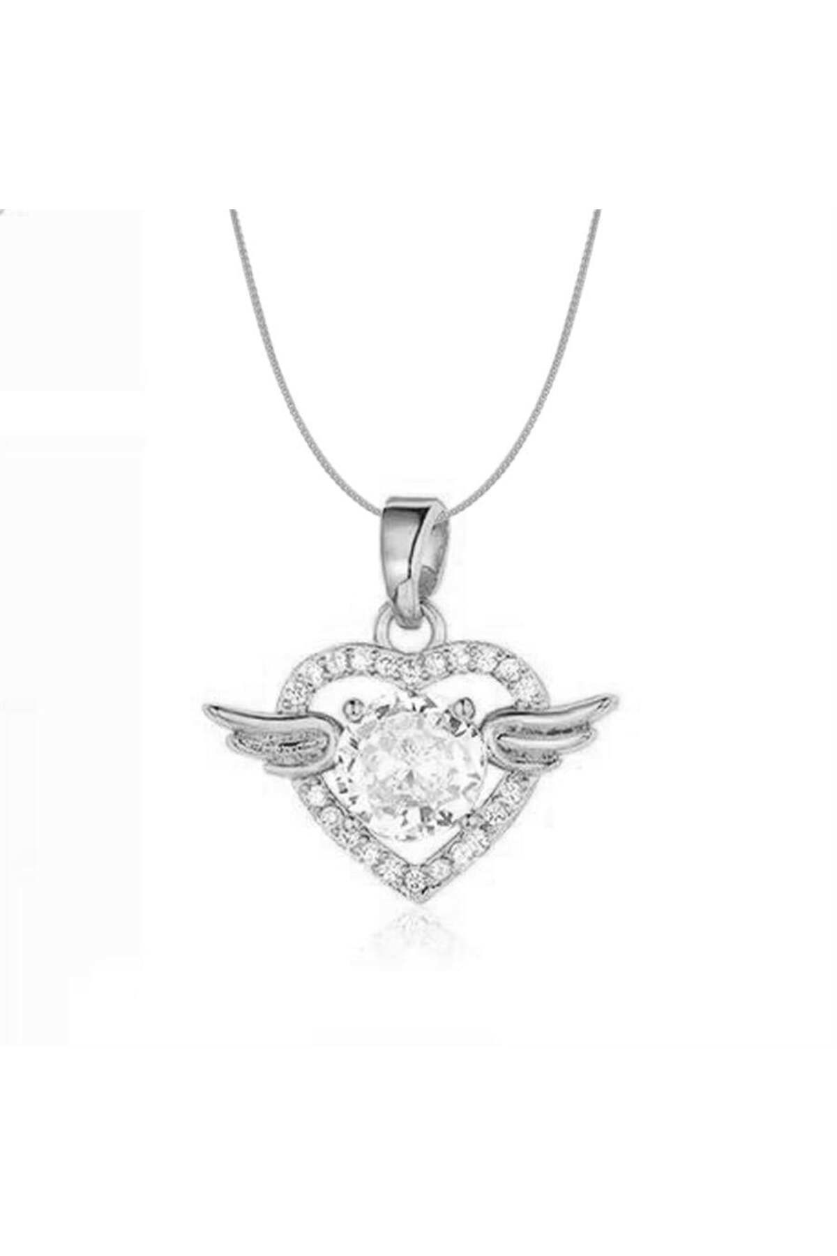 Silver Kanatlı Kalp Detaylı Taşlı Kolye