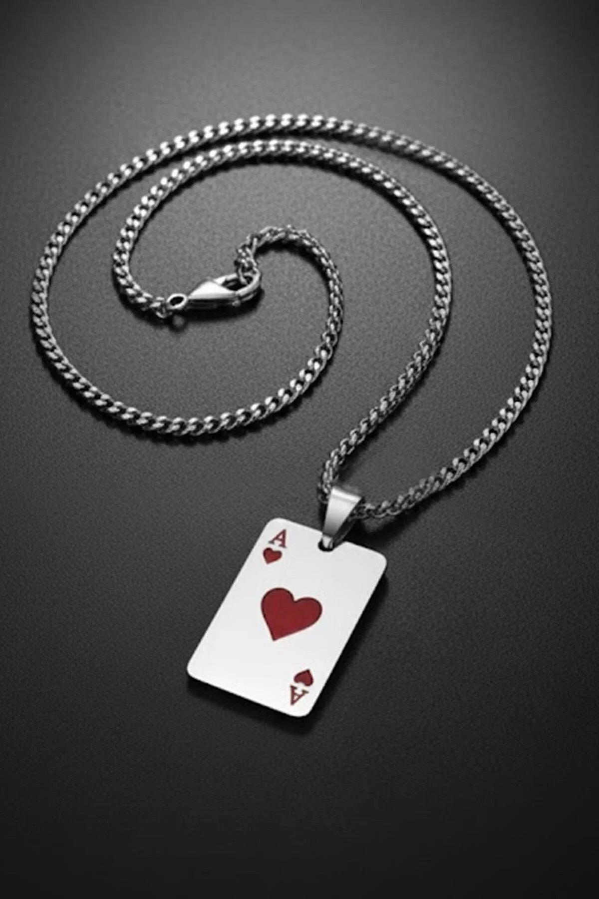 Silver Kırmızı Kupa Ası Zincirli Çelik Kolye Silver Kırmızı Kupa Ası Zincirli Çelik Kolye