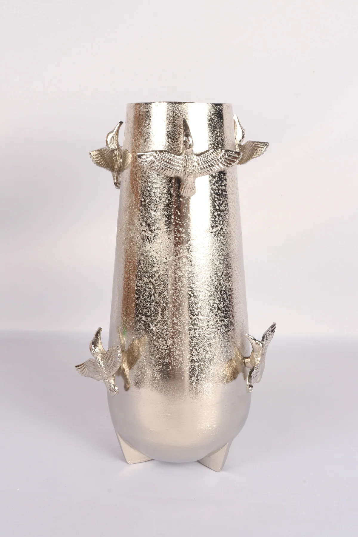 Silver Pirinç Döküm Cennet Kuşu Vazo | Lüks Dekoratif Vazo 16x31 