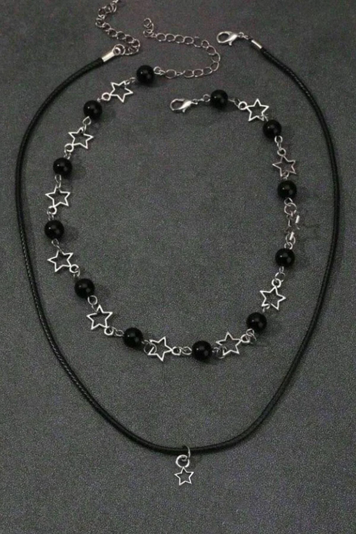 Silver Punk Star and Bead İkili Kolye