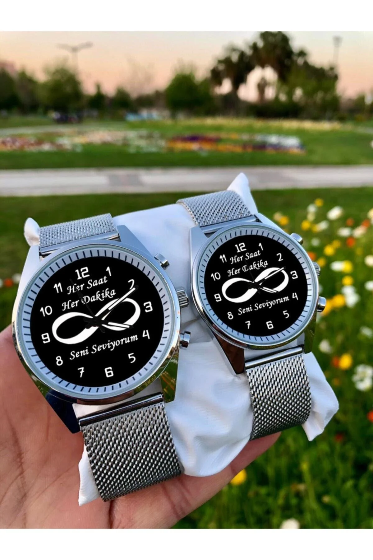 Silver Renk Hasır Metal Kordonlu Sevgili Kol Saatleri Cıft-01