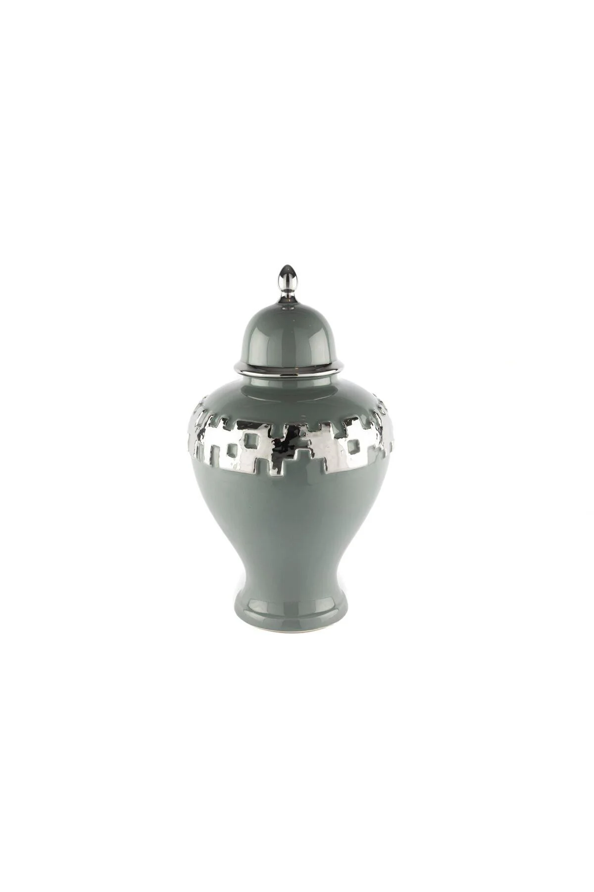 Silver Şeritli Grey Küp Kapaklı Vazo 27x27x46cm