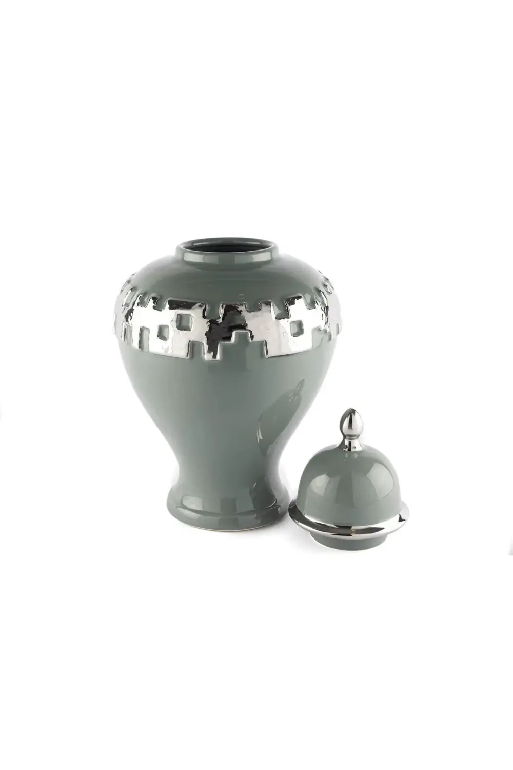 Silver Şeritli Grey Küp Kapaklı Vazo 27x27x46cm