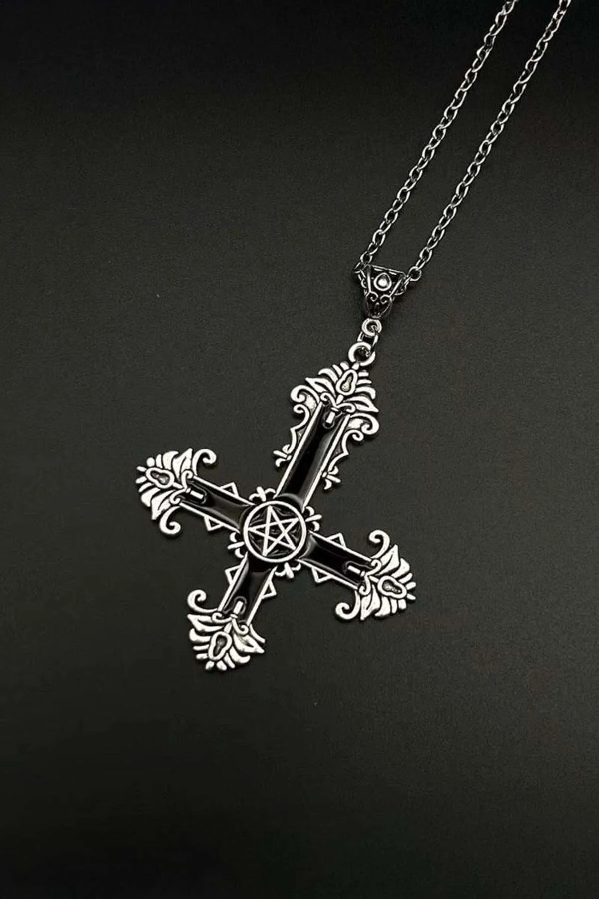 Silver Siyah Gotik Cross Pentagram Kolye
