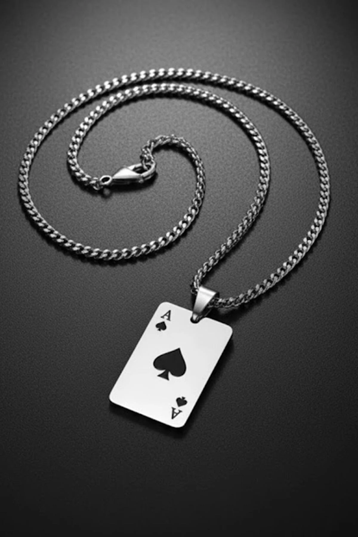 Silver Siyah Maça Ası Zincirli Çelik Kolye