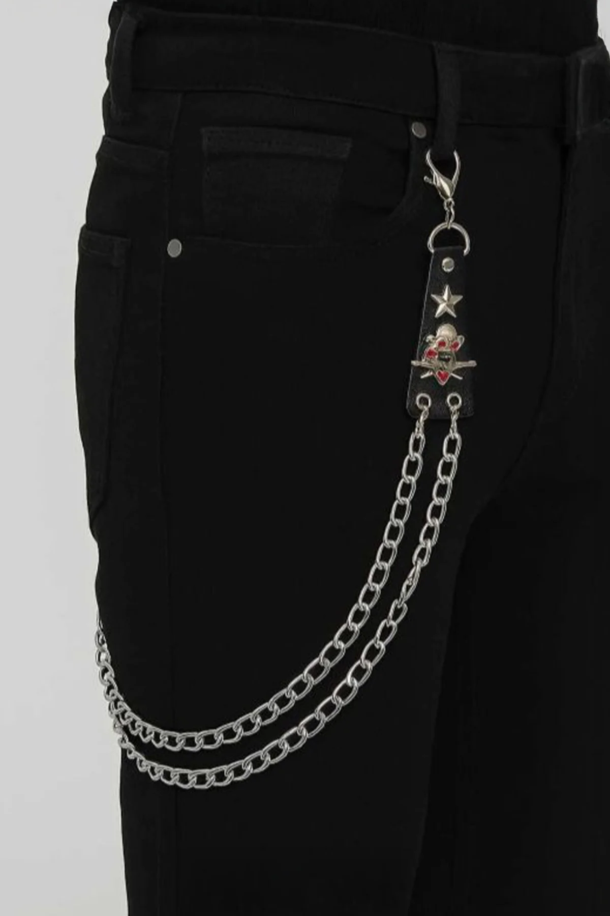 Silver Star and Skull Detaylı Çift Zincirli Gotik Pantolon Zinciri