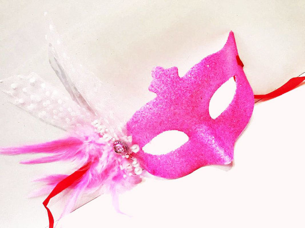 Sim İşlemeli İnci Boncuk Detaylı Tüylü Balo Maskesi Pembe Renk 13