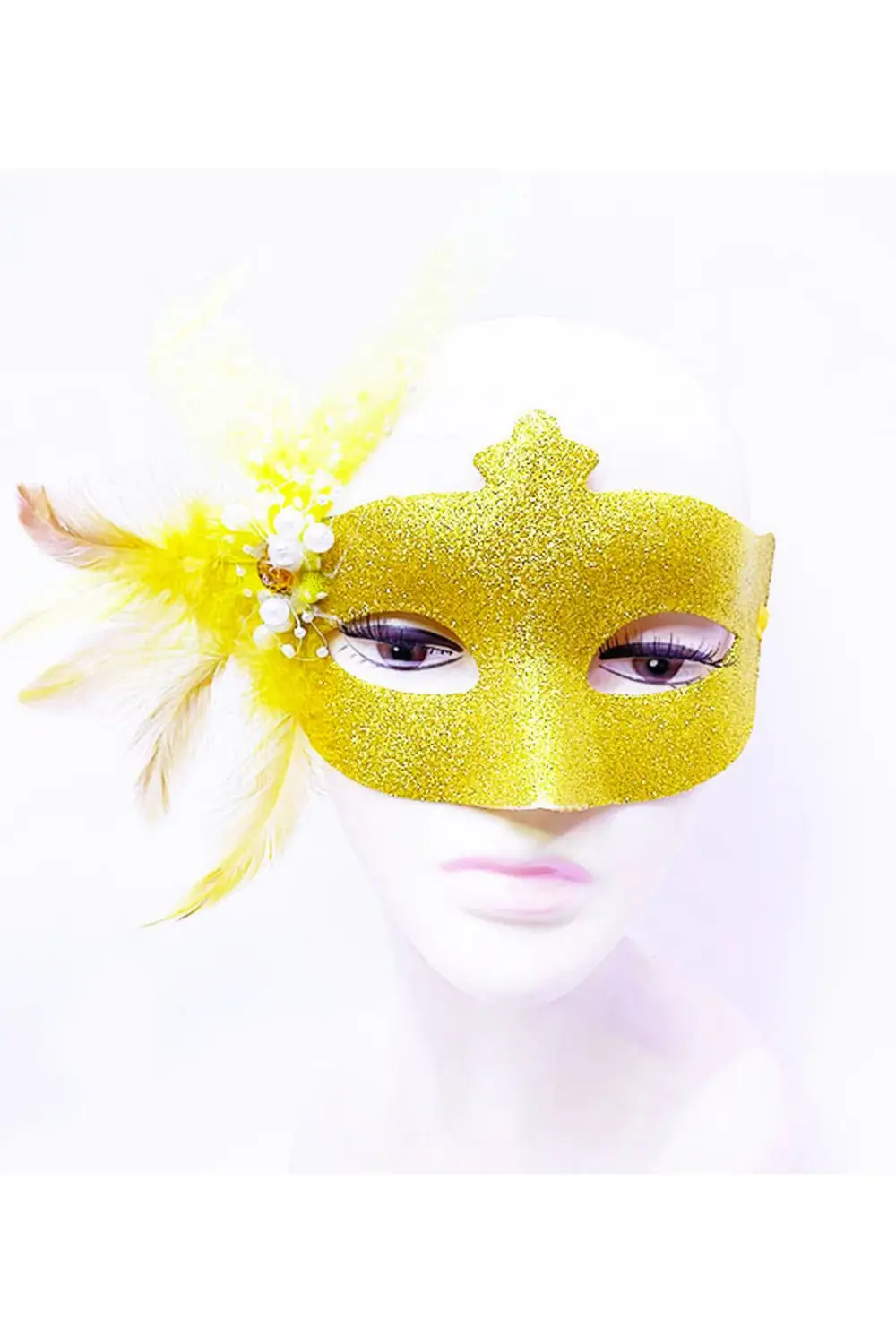 Sim İşlemeli İnci Boncuk Detaylı Tüylü Balo Maskesi Altın Renk 13