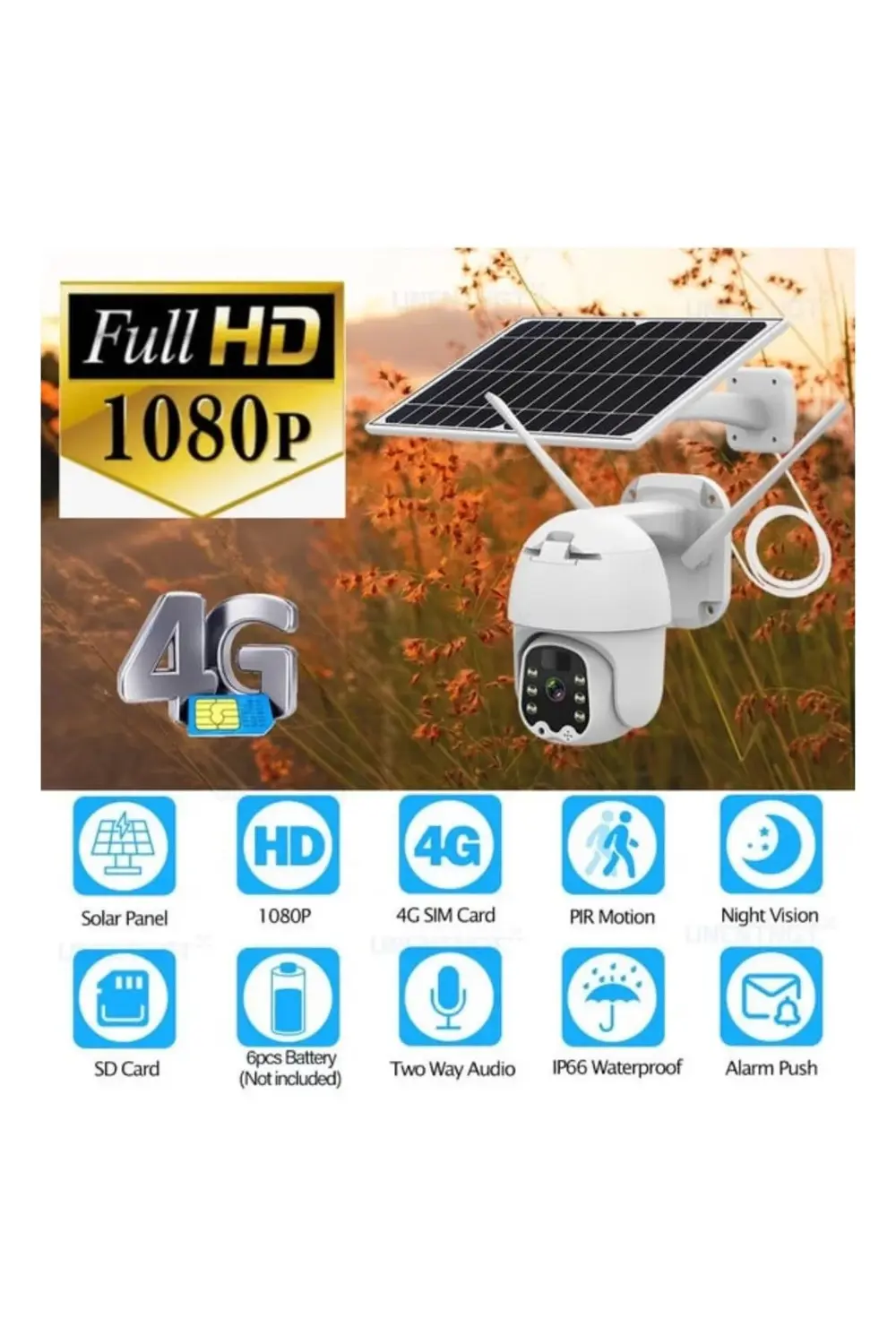 Sim Kartlı 4g Ptz 360 Hareketli Solar Güneş Enerjili 1080p Kamera
