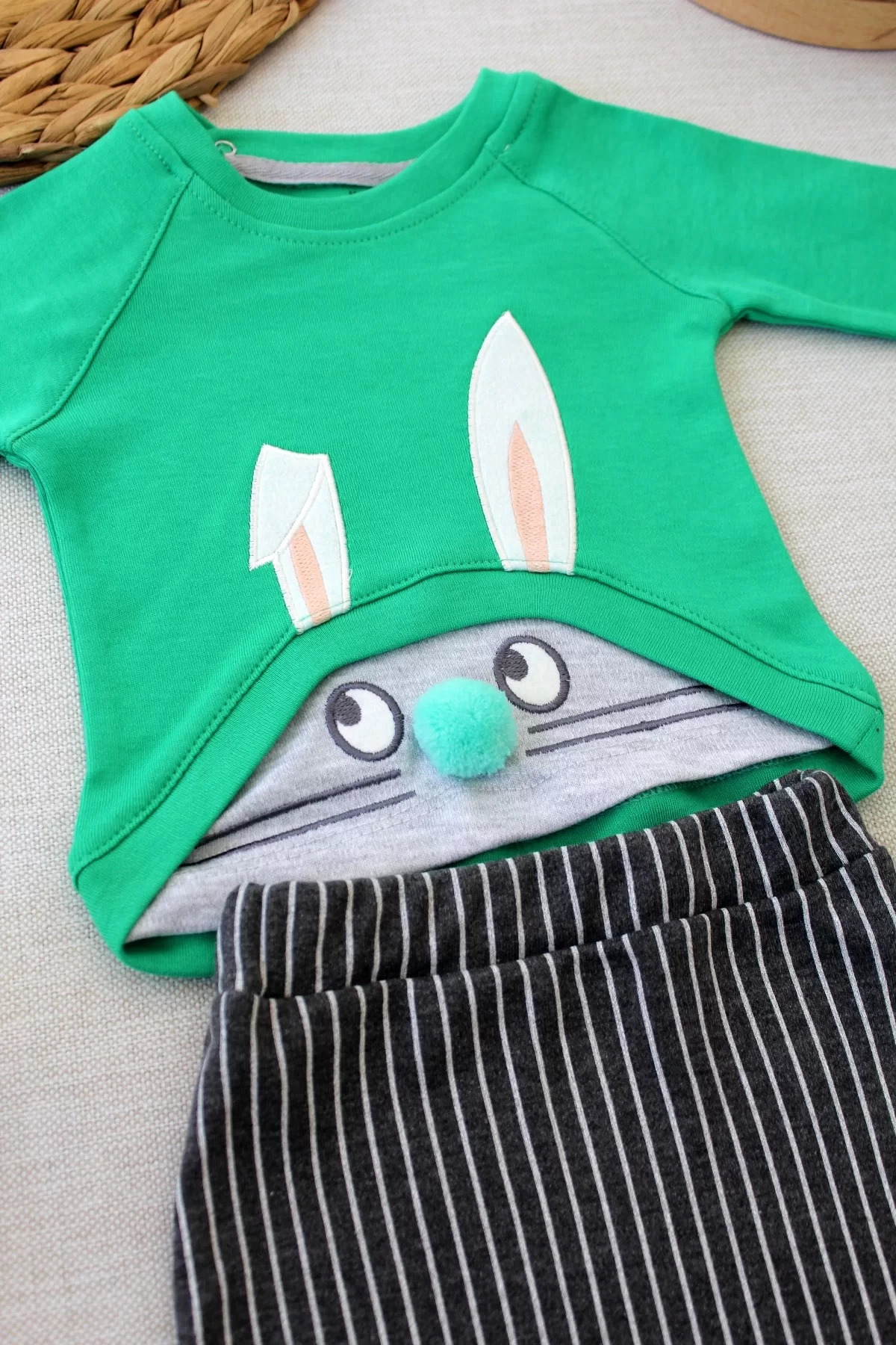 Shop58 Şımarık Tavşan Nakışlı Şapkalı Uzun Kollu Sweat 3Lü Kız-Erkek Beb