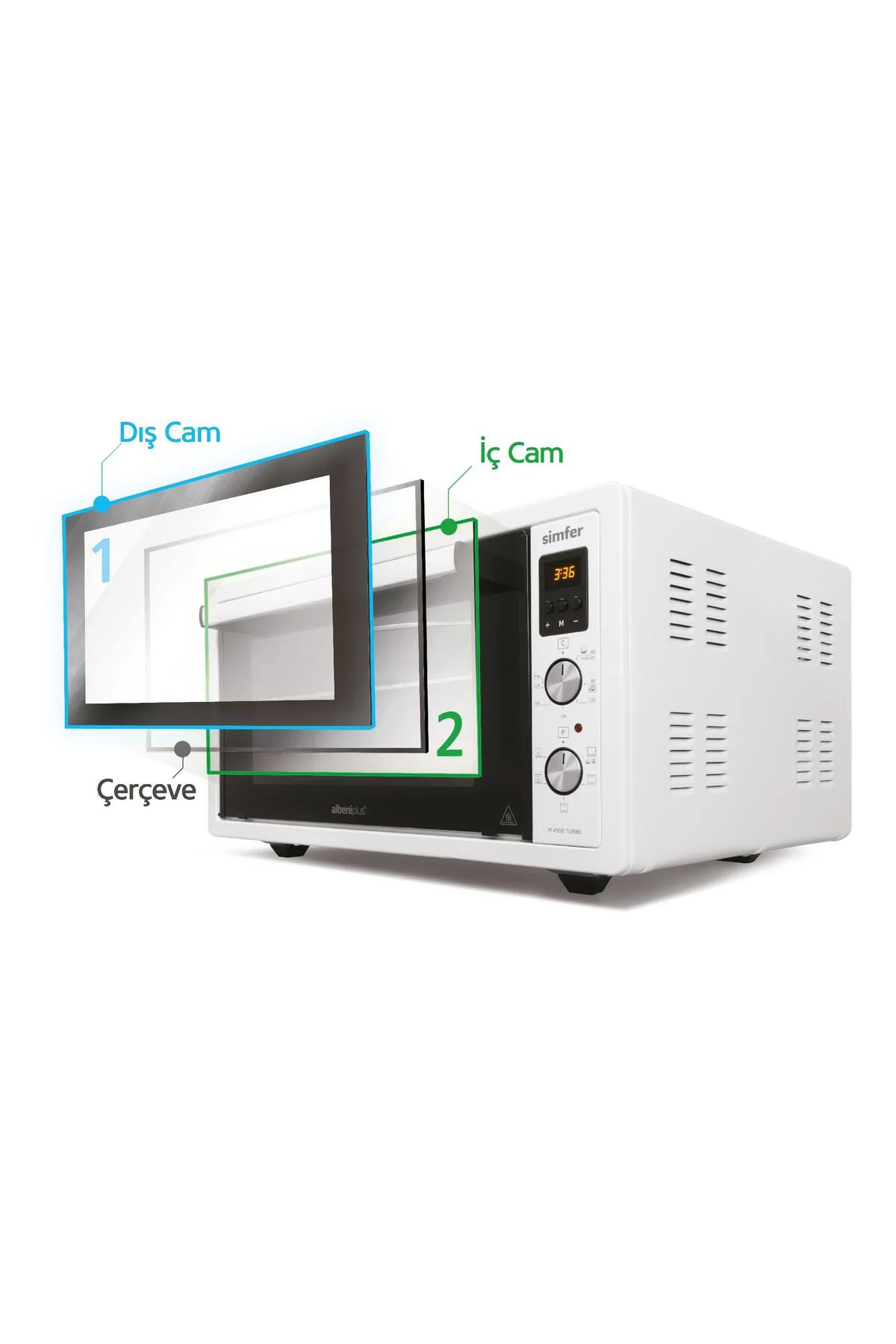 SİMFER M4558 ÇİFT CAM MİDİ FIRIN 45 L TURBO BEYAZ DİJİTAL GÖMÜLEBİLİR LAMBA