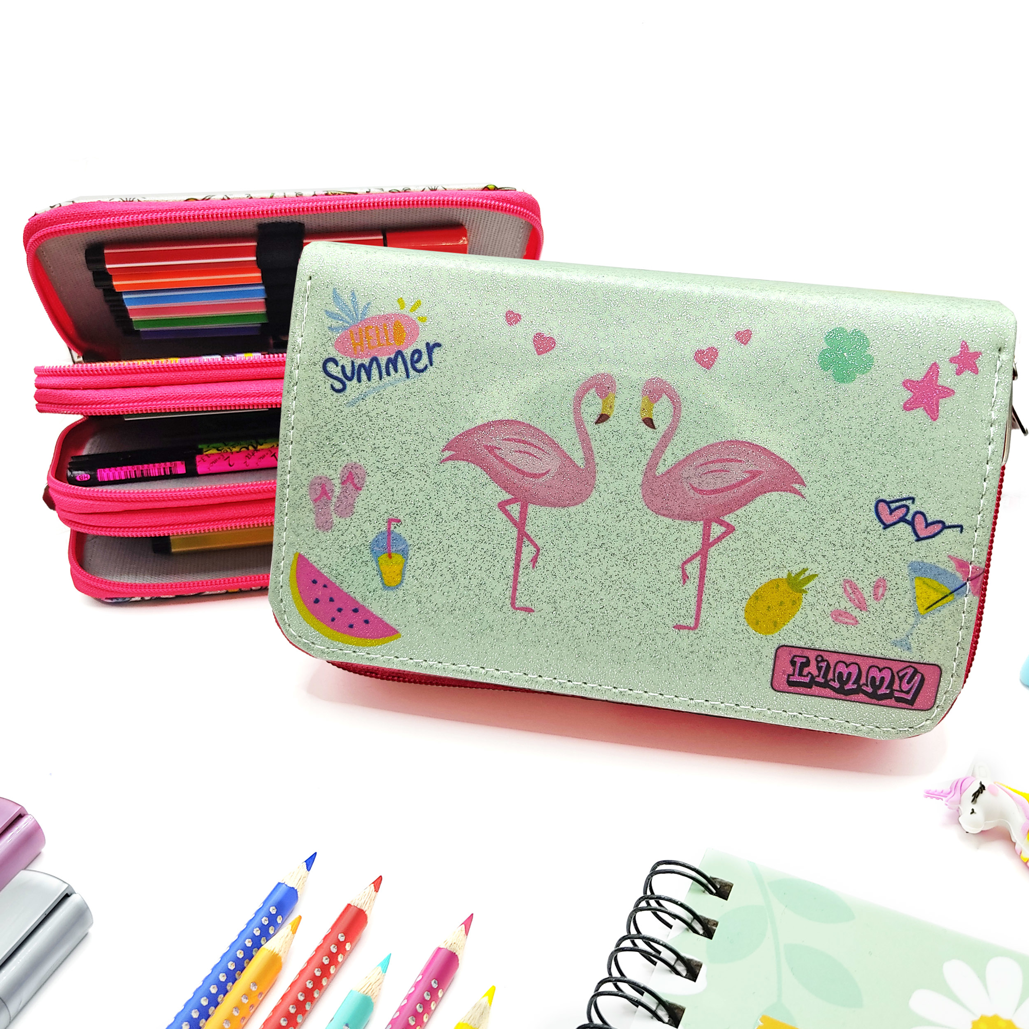 Simli Işıltılı Kuğu Flamingo Kalem Kutusu Vegan Deri Kalemkutu Üç