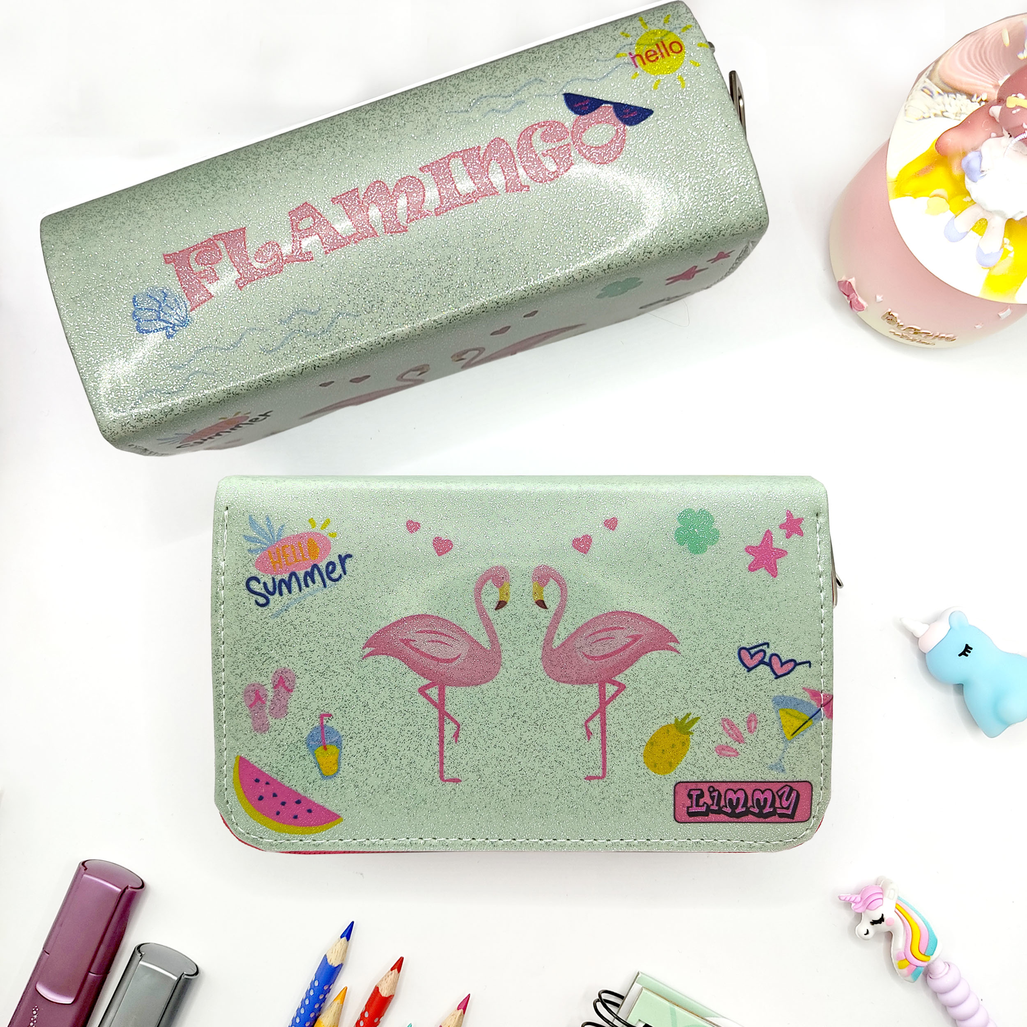 Simli Işıltılı Kuğu Flamingo Kalem Kutusu Vegan Deri Kalemkutu Üç