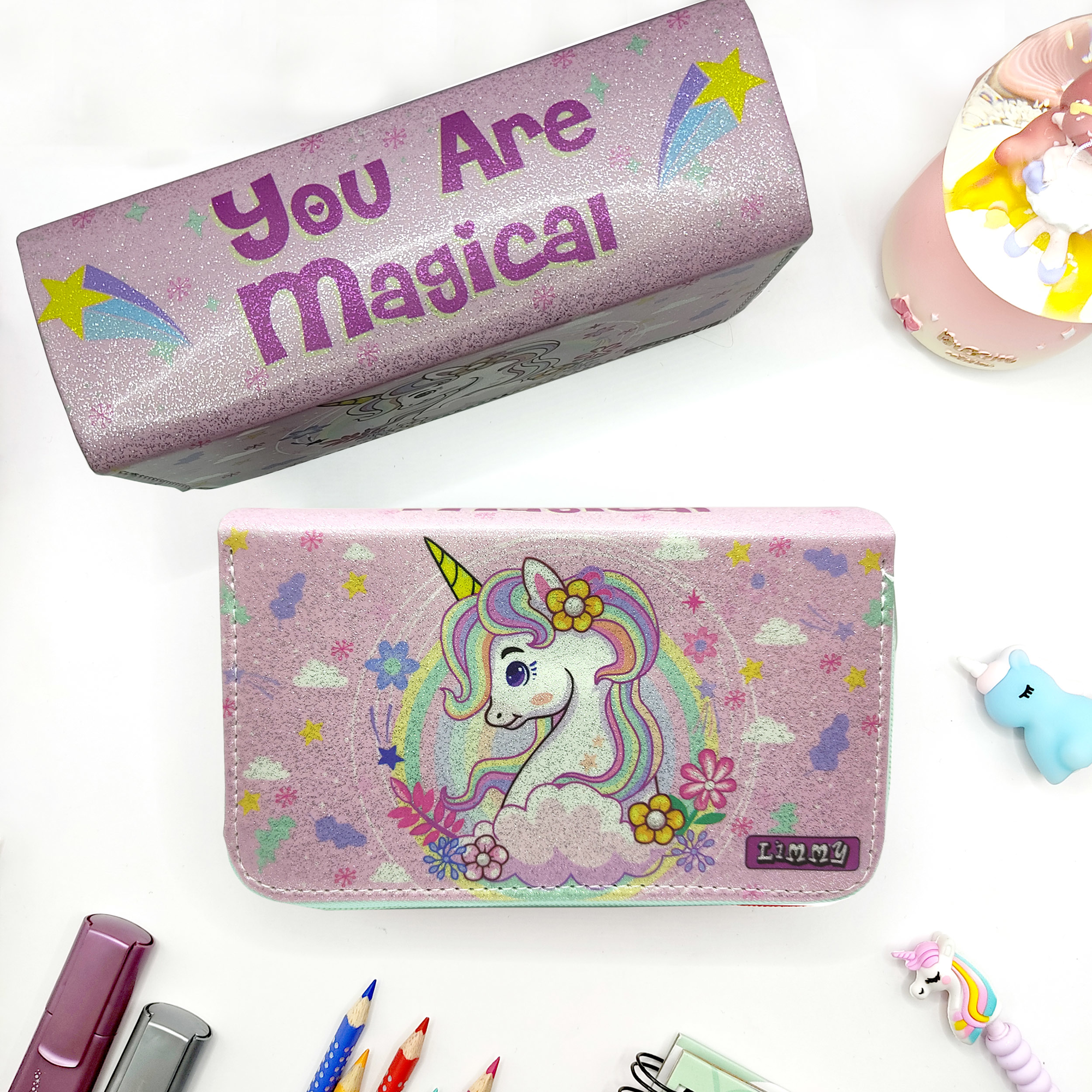 Simli Işıltılı Bahar Unicorn Kalem Kutusu Vegan Deri Kalemkutu Üç