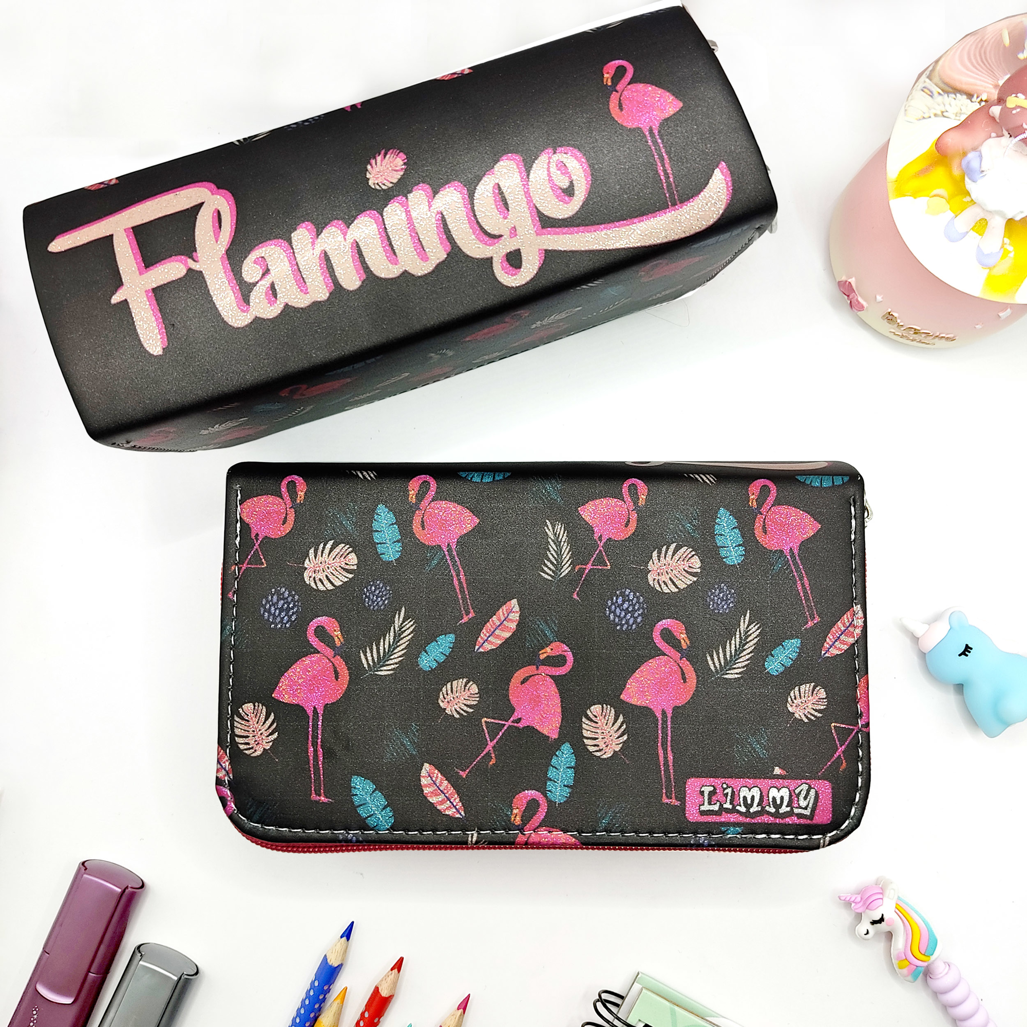 Simli Işıltılı Flamingo Siyah Kalem Kutusu Vegan Deri Kalemkutu Ü
