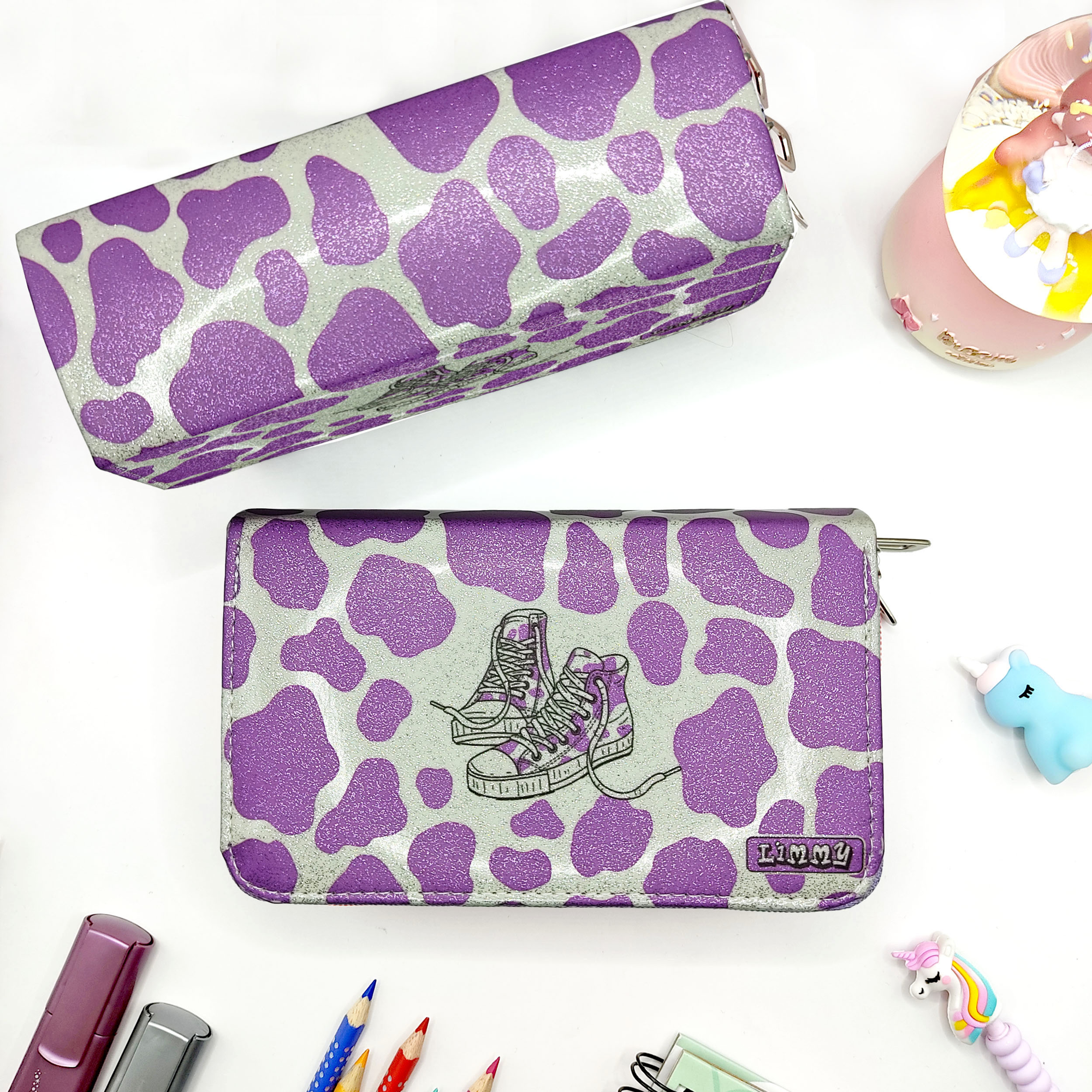 Simli Işıltılı inek Kalem Kutusu Vegan Deri Kalemkutu Üç Bölmeli 