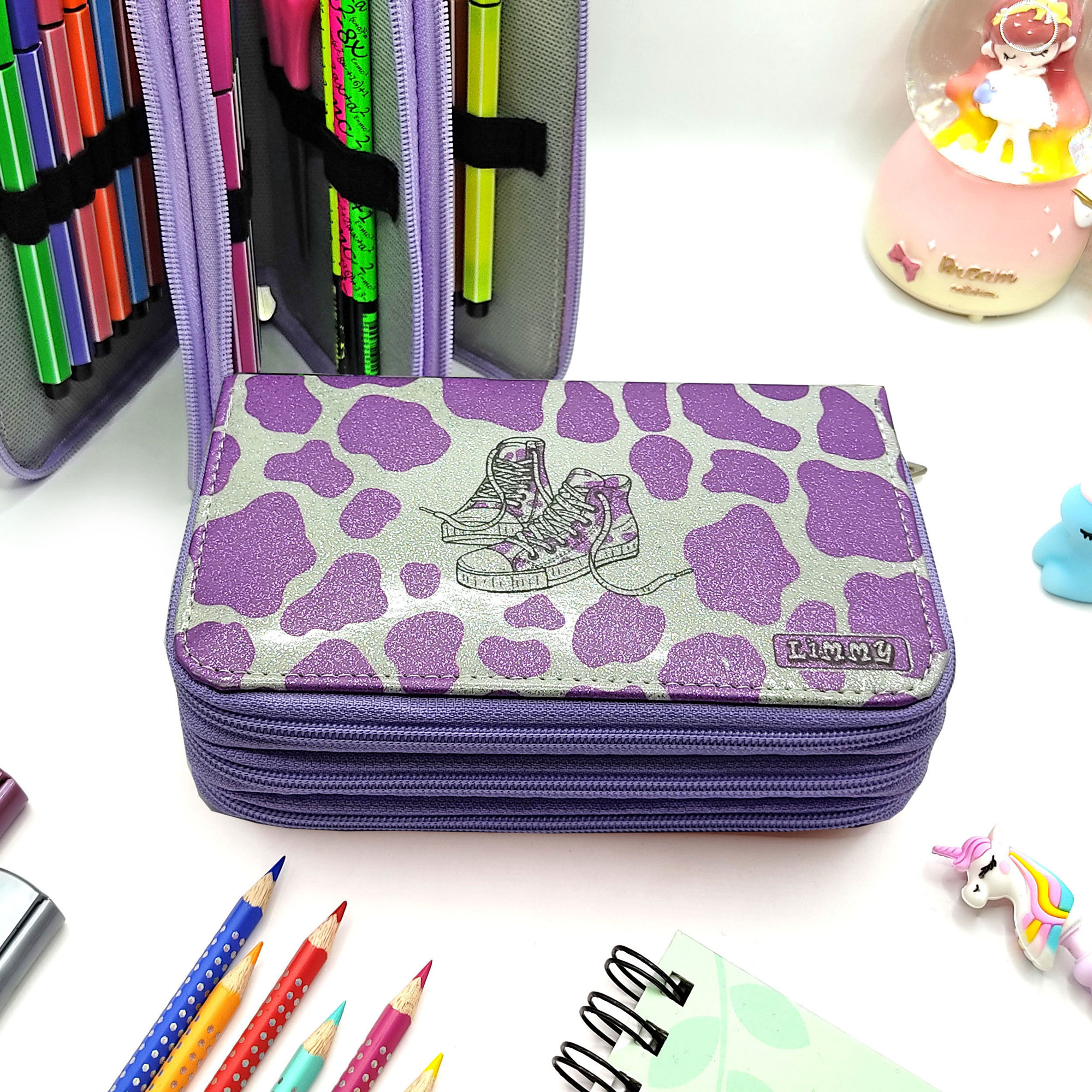 Simli Işıltılı inek Kalem Kutusu Vegan Deri Kalemkutu Üç Bölmeli 