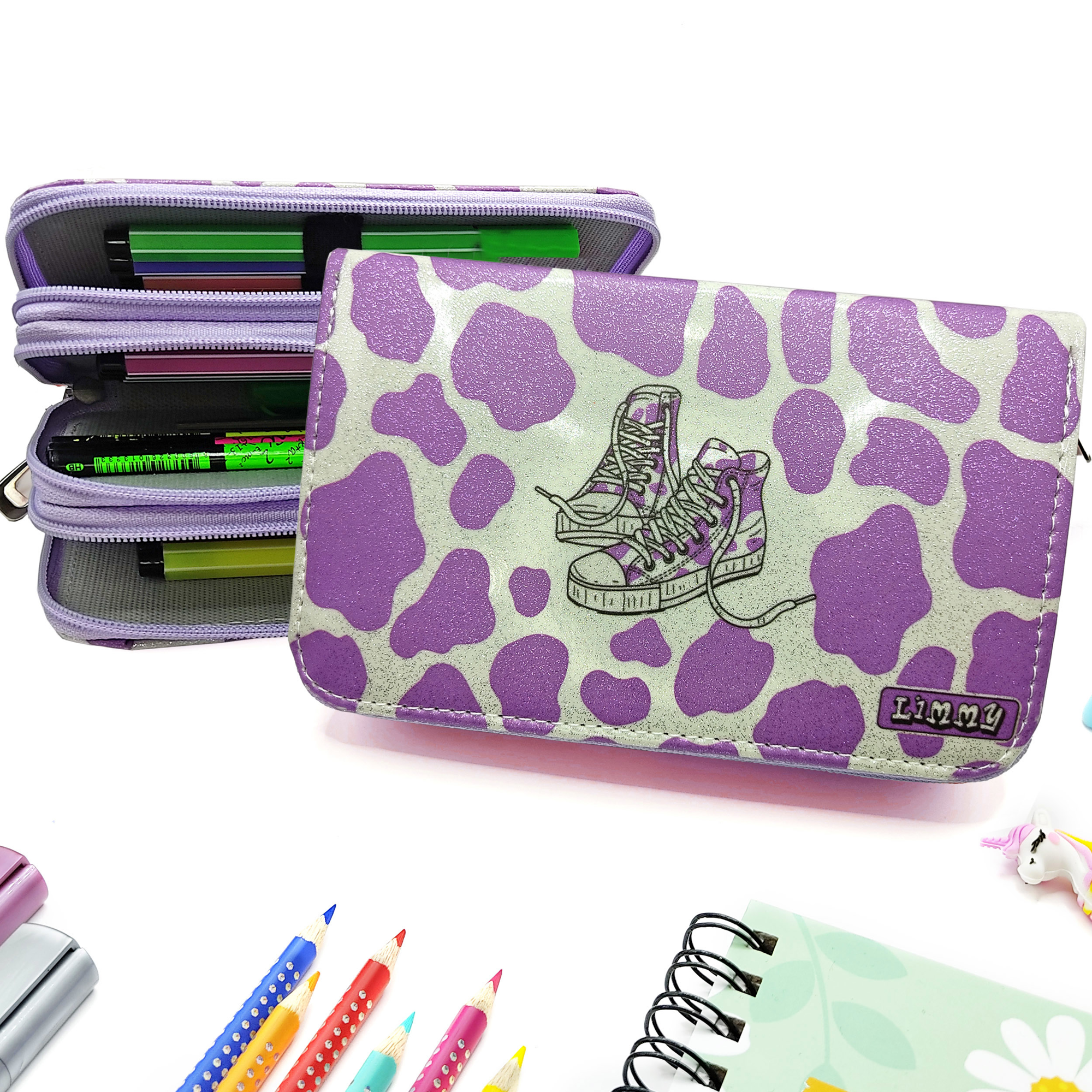 Simli Işıltılı inek Kalem Kutusu Vegan Deri Kalemkutu Üç Bölmeli 