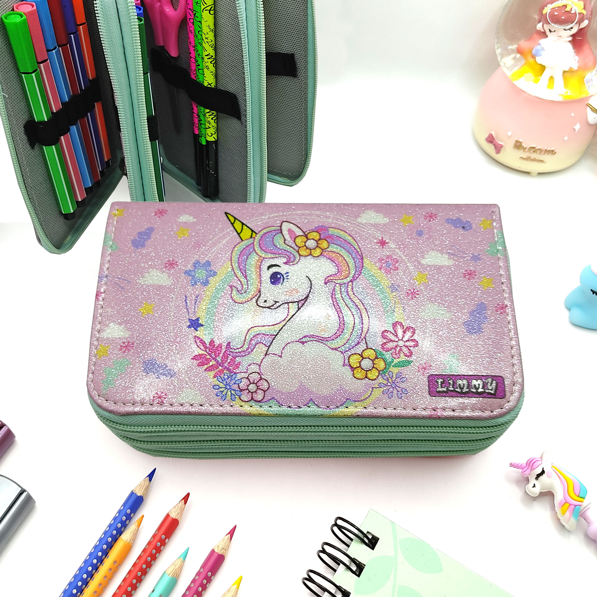 Simli Işıltılı Bahar Unicorn Kalem Kutusu Vegan Deri Kalemkutu Üç