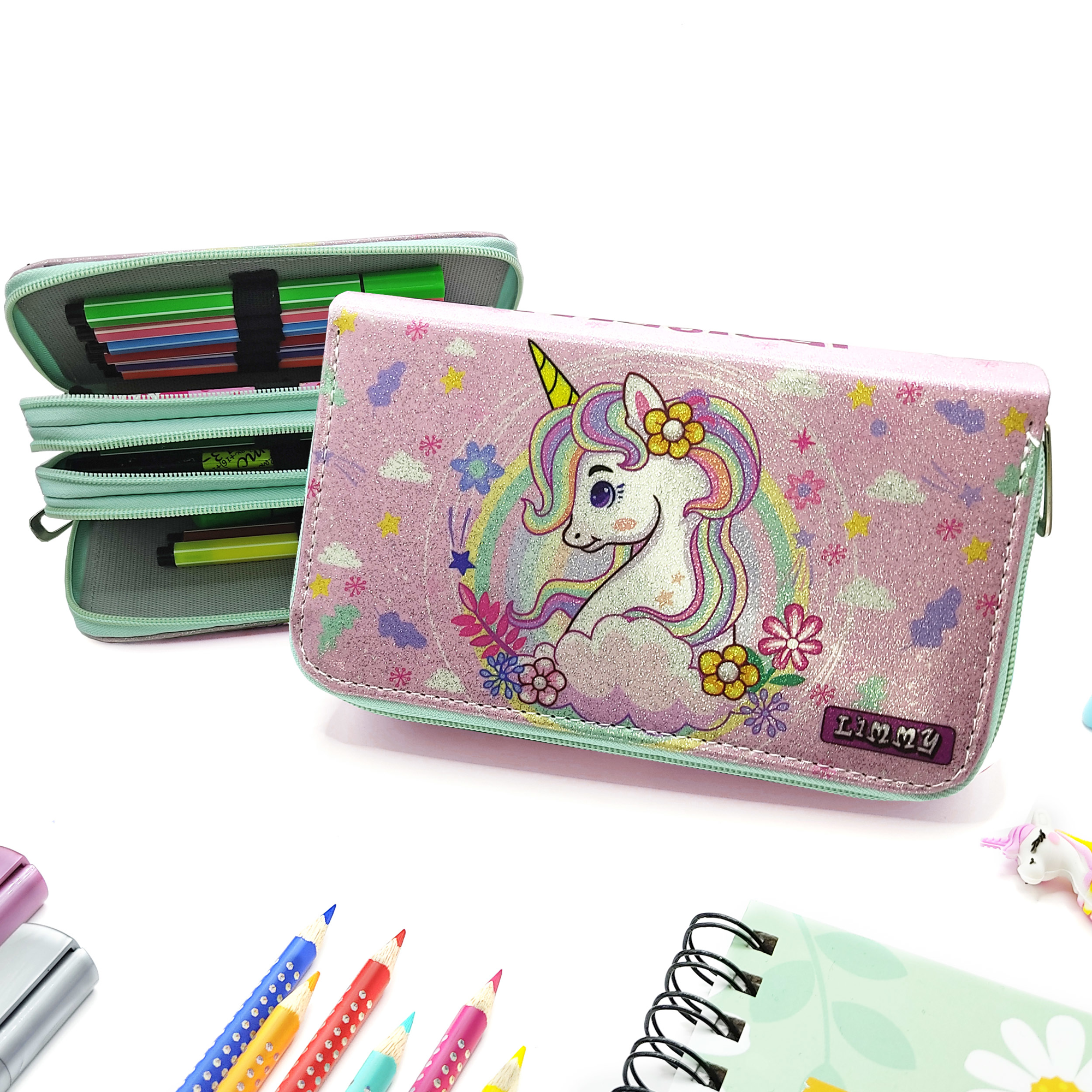 Simli Işıltılı Bahar Unicorn Kalem Kutusu Vegan Deri Kalemkutu Üç