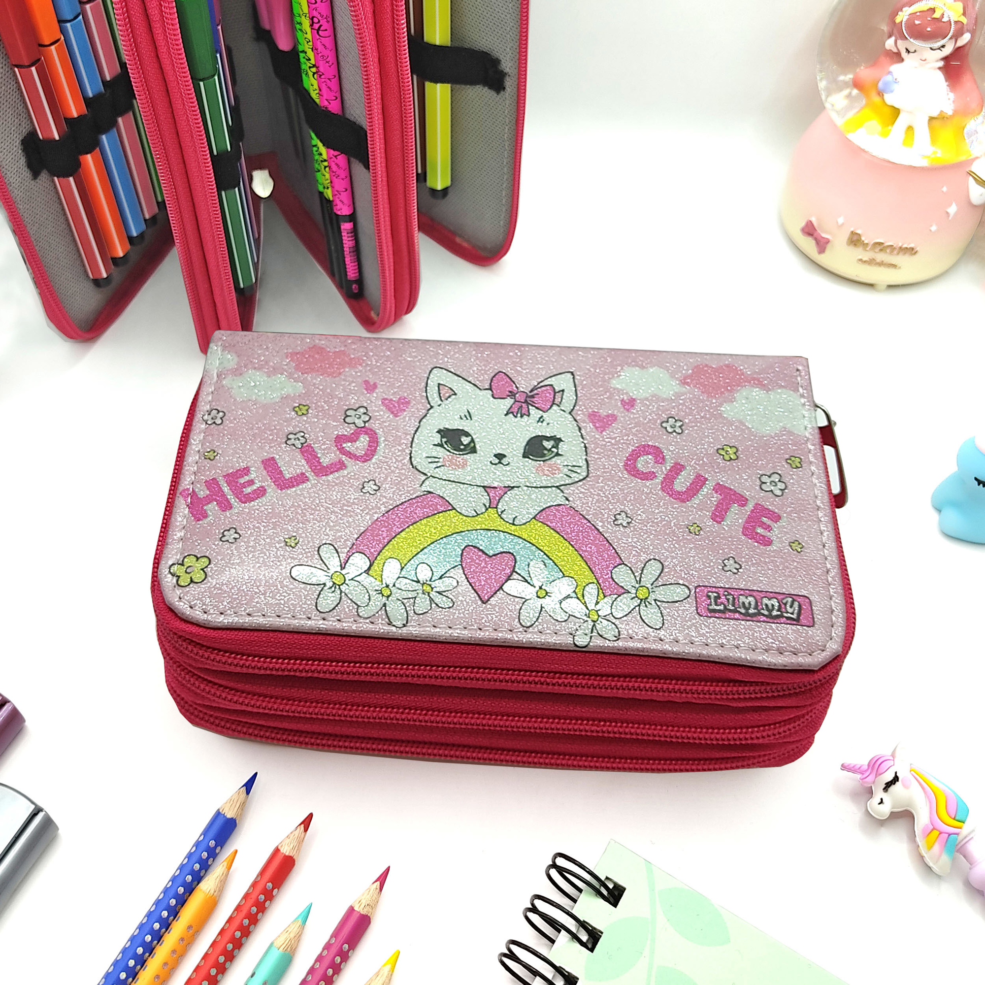 Simli Işıltılı Kitty Hello Cute Kalem Kutusu Vegan Deri Kalemkutu