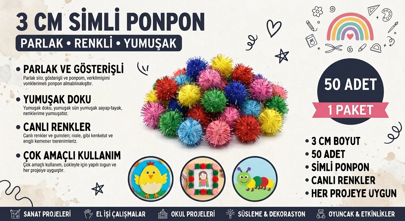 Simli Ponpon 3 cm 50 Adet Karışık Renk Pon Pon Okul Etkinliği Simli Ponpon 3 cm 50 Adet Karışık Renk Pon Pon Okul Etkinliği