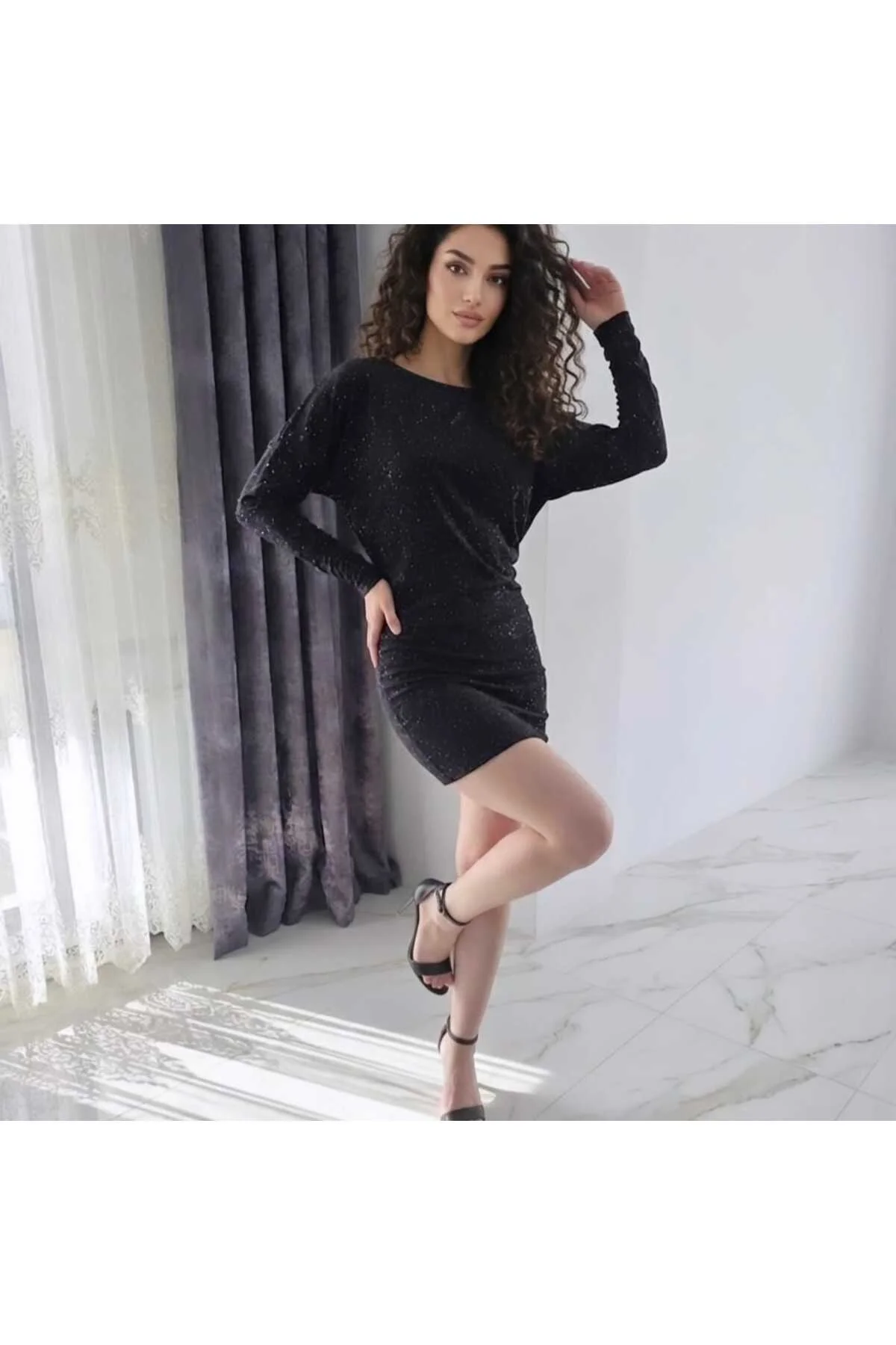 Simli Siyah Yarasa Kol Mini Elbise - Görsel 4