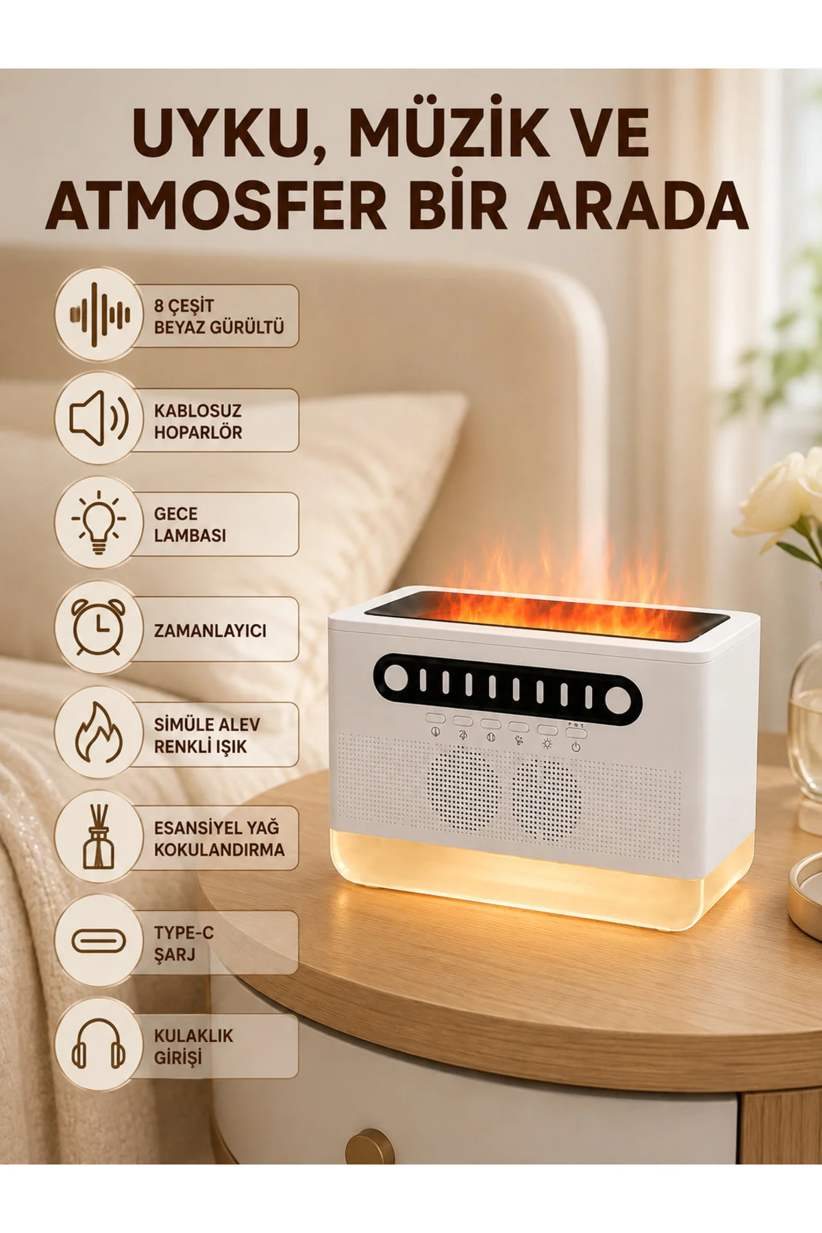 Simüle Alev Efektli Kablosuz Hoparlör Zamanlayıcılı Gece Lambası - Görsel 2