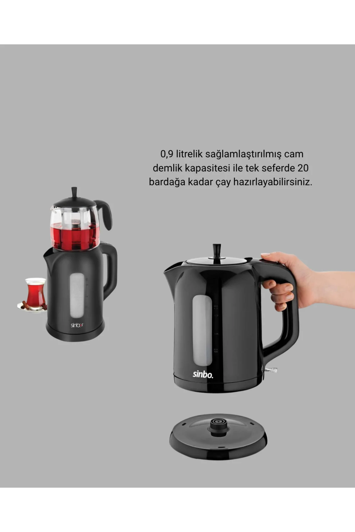 Sinbo Elektrikli Çay Makinesi 1.7 L Su Isıtıcı ve Cam Demlikli Gü