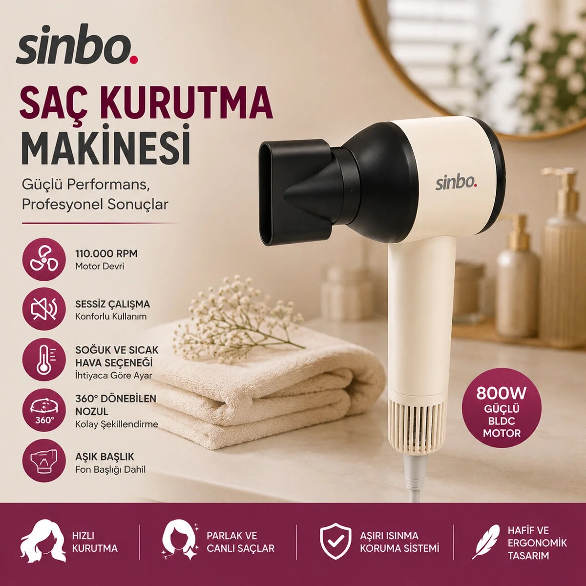 Sinbo Saç Kurutma Makinesi - Pembe Renk - 3 Kademeli Hız ve Sıcaklık
