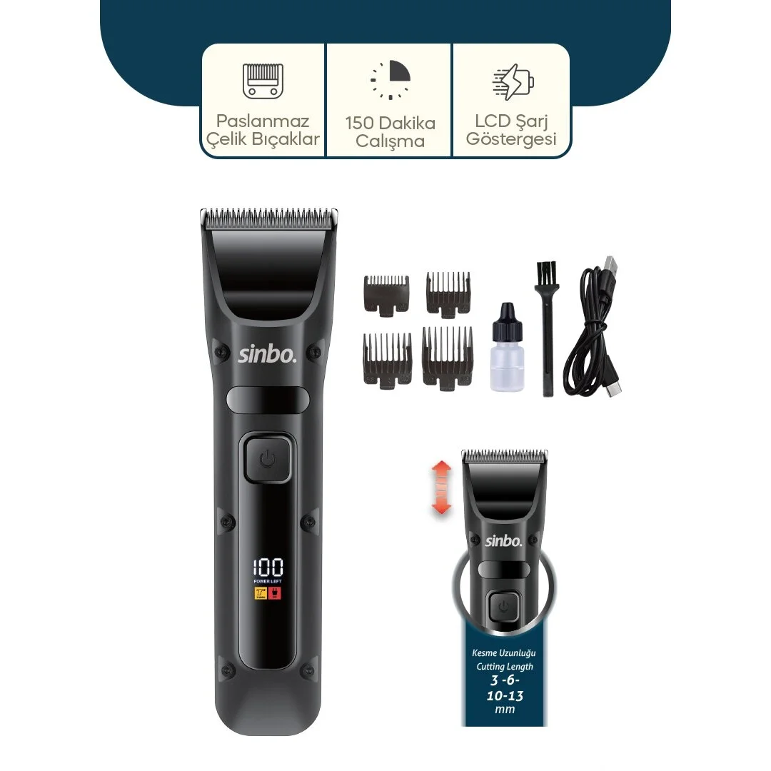 Sinbo Saç Sakal Kesme Tıraş Makinesi - USB Şarjlı - LCD Göstergel