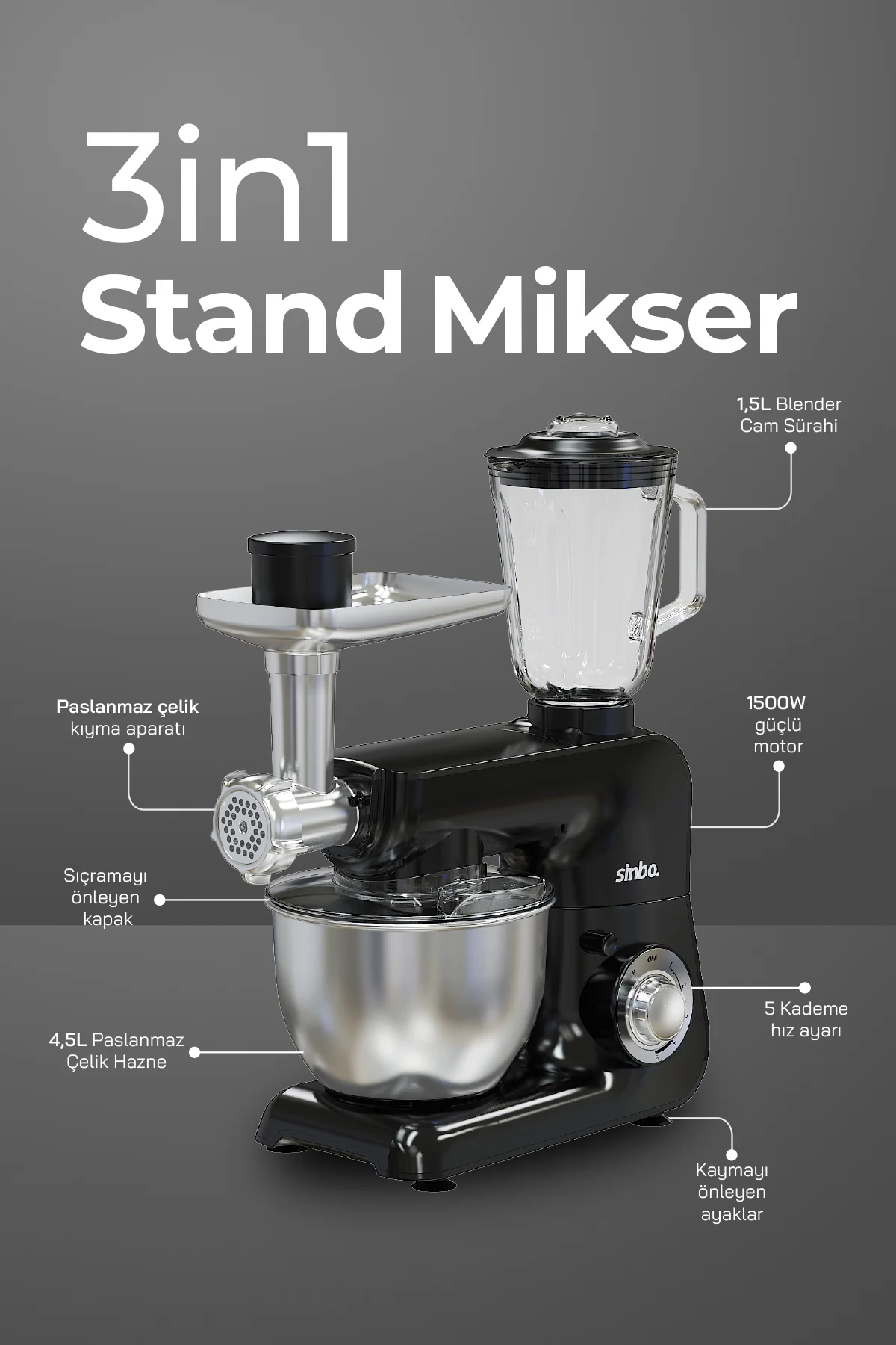 Sinbo SMX-2775 Çok Amaçlı Mutfak Şefi ( Hamur - Kıyma - Blender M