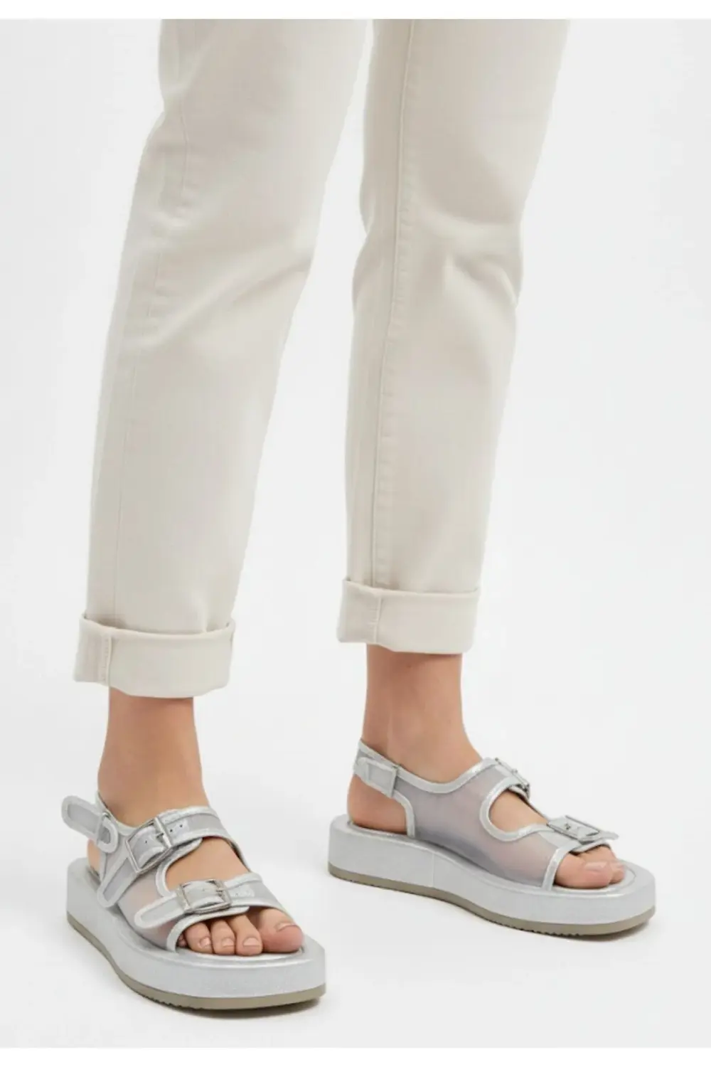 Sinna Gümüş Cilt Tül Detaylı Sandalet