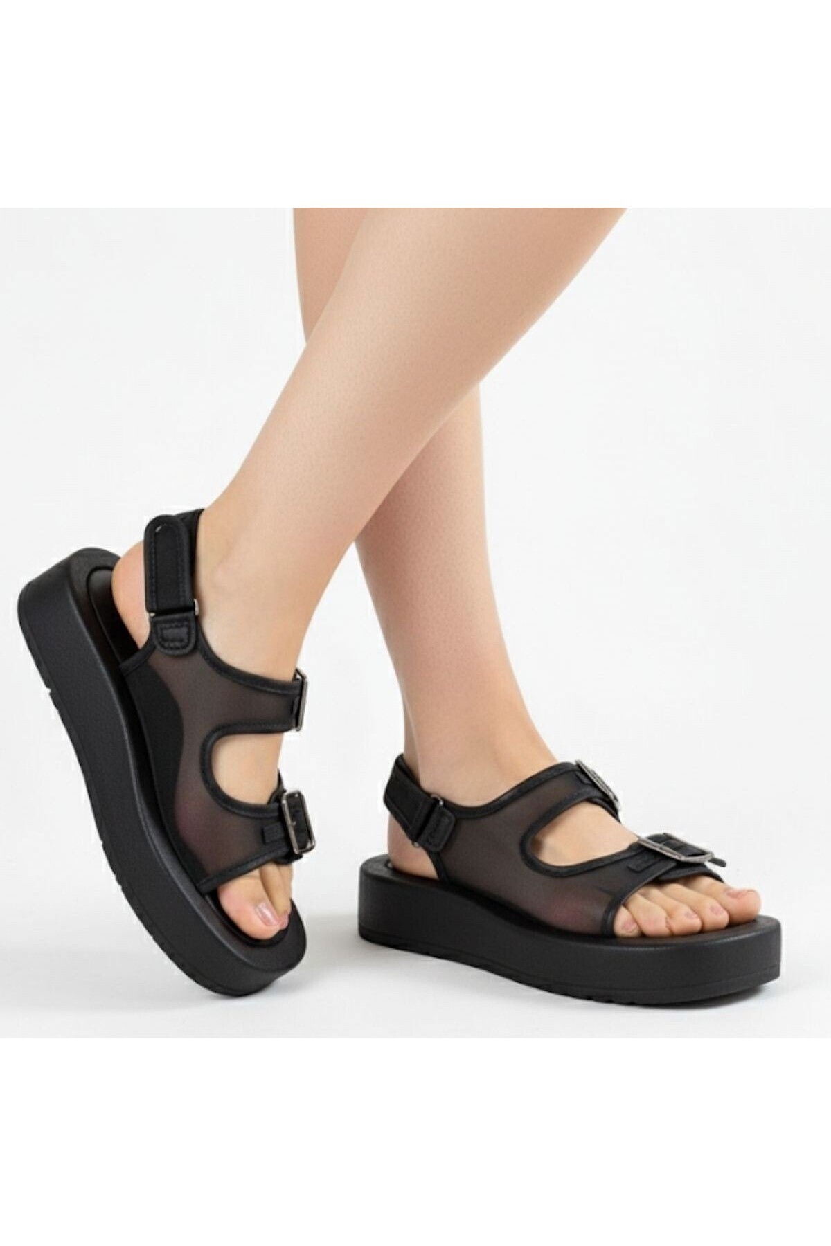 Sinna Siyah Cilt Tül Detaylı Sandalet - Lisinya