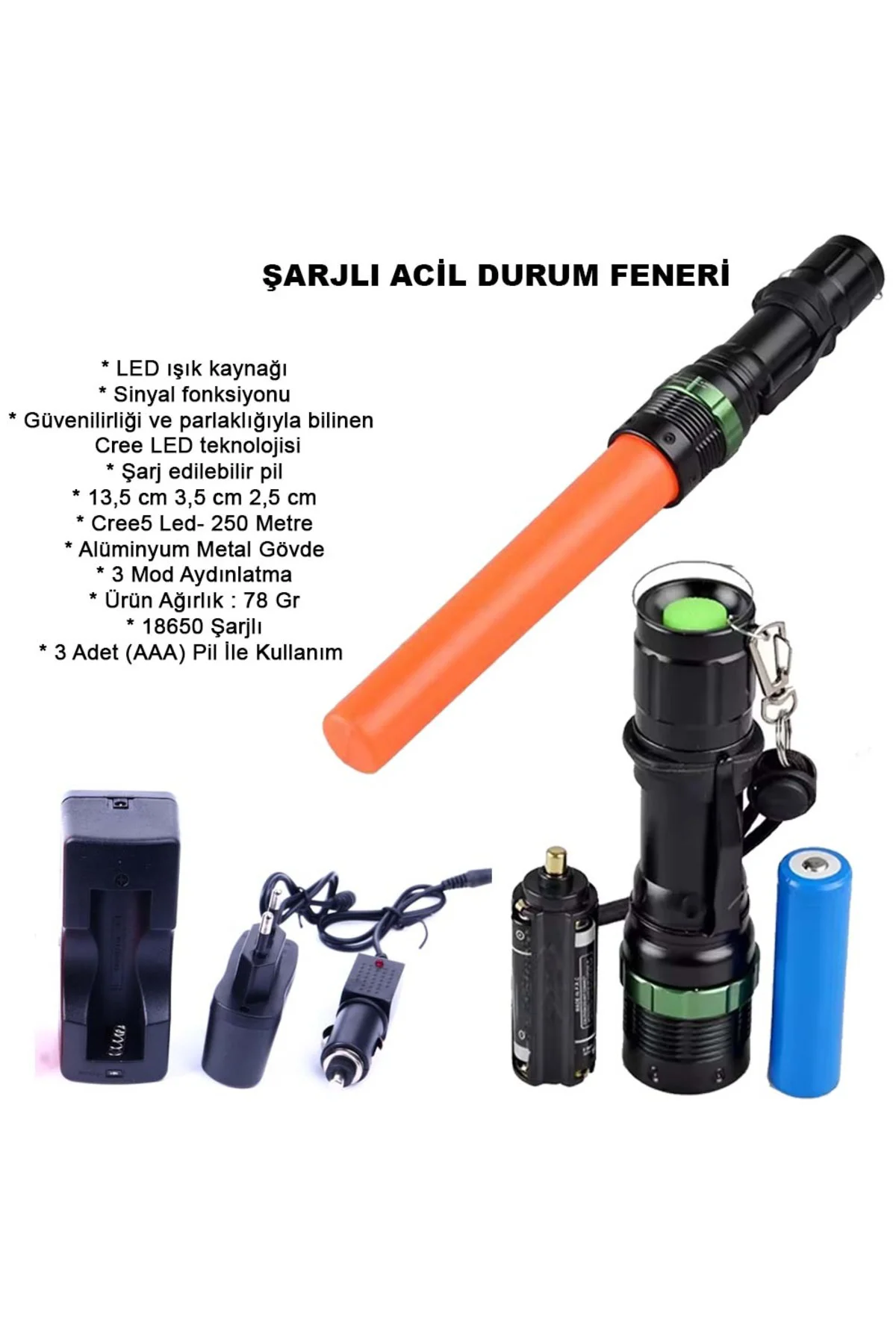 Sinyalli Acil Durum EL Feneri Cree5 Watton Wt-262 Siyah
