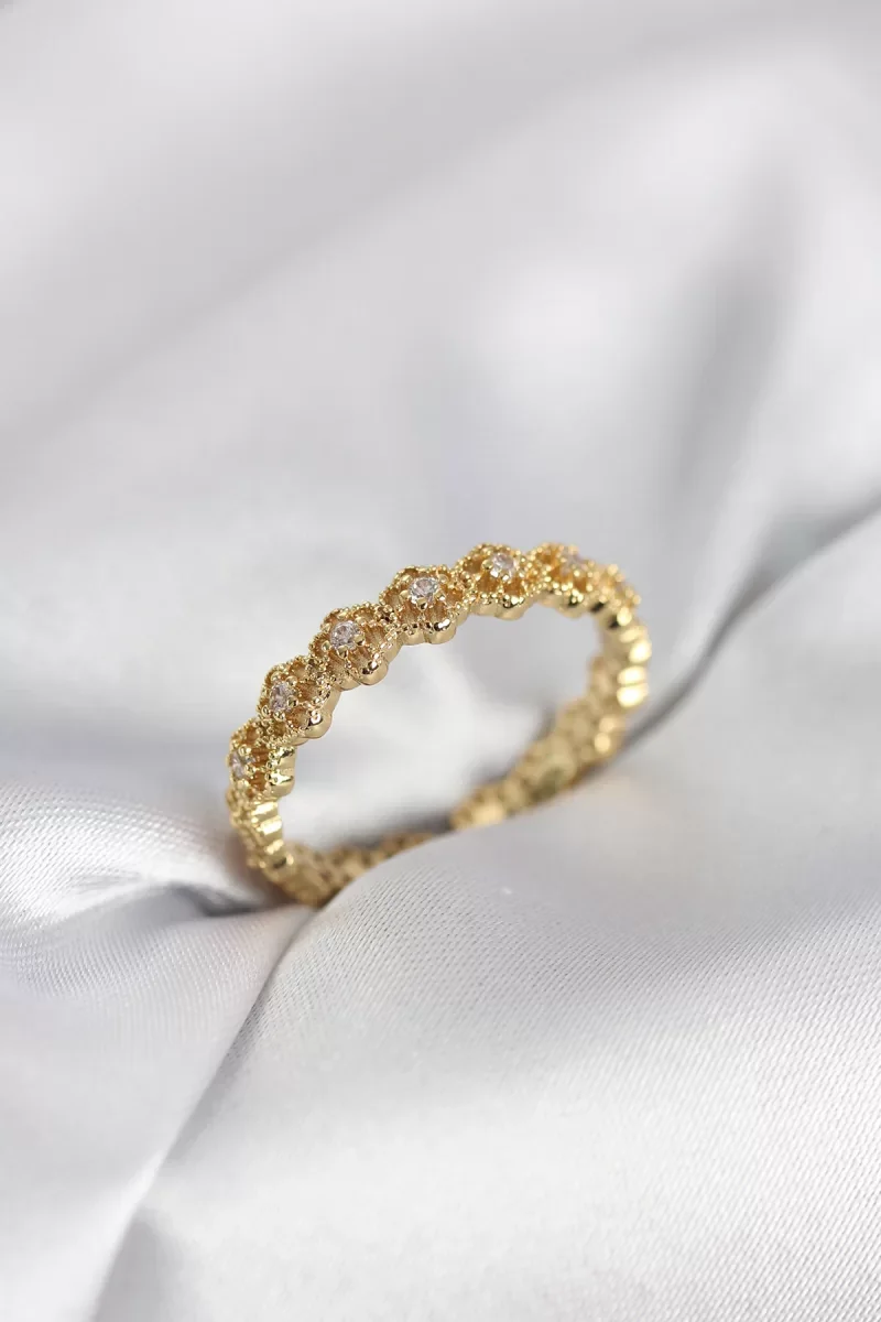 Sıralı Çiçek Model Gold Renk Zirkon Taşlı Kadın Yüzük - Lisinya