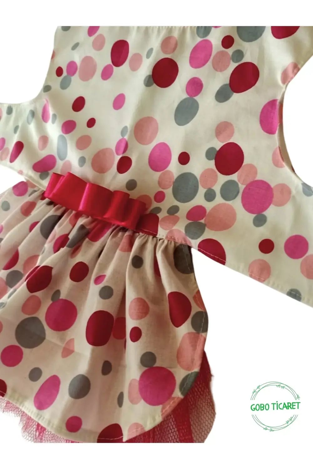 Şirin Puantiyeli Beyaz Kedi Köpek Kıyafeti Elbisesi Fuşya Fiyonkl