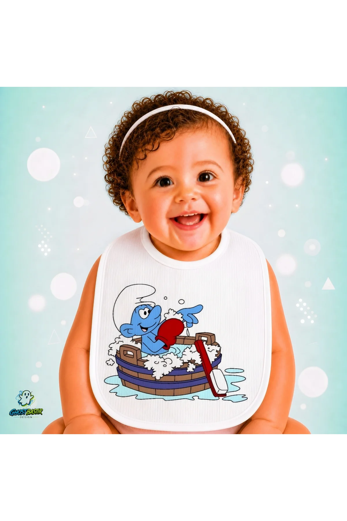 Şirinler Keten Bebek Mama Önlüğü – Yumuşak, Emici, Yıkanabilir, Özel Tasarım P187